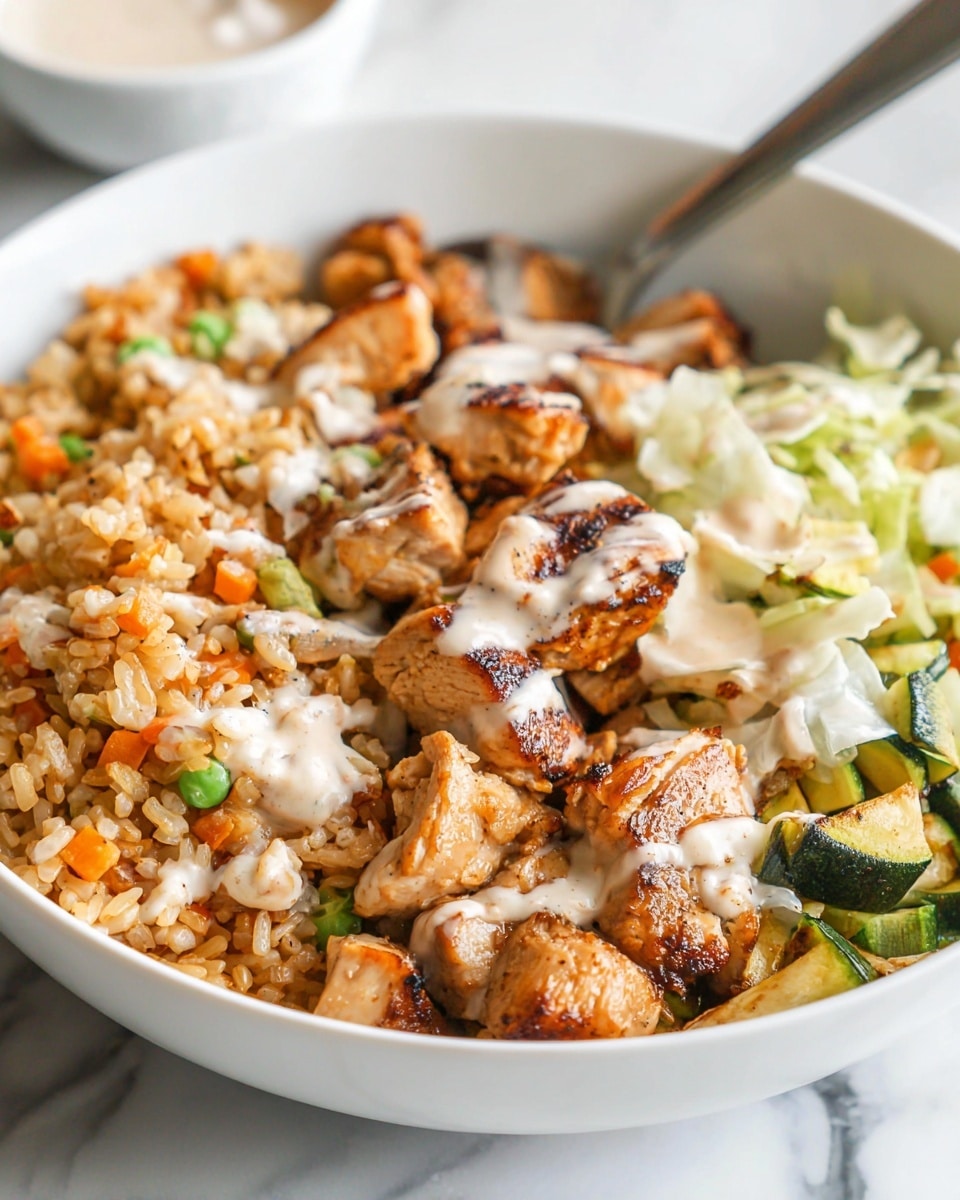 A round white bowl contains a layered meal starting with cooked brown rice mixed with small diced orange carrots and peas on the left side. On top of the rice and taking the front center is a layer of grilled chicken pieces covered lightly with a creamy beige sauce. Mixed behind the chicken and extending further back in the bowl are browned sautéed zucchini slices and small mushrooms in a similar creamy sauce. On the far right edge of the bowl, a pile of thinly shredded pale green cabbage adds a fresh, crunchy texture. A silver spoon is partially inserted into the bowl from the right side. The bowl sits on a white marbled surface with a blurred garlic bulb in the background. Photo taken with an iphone --ar 4:5 --v 7