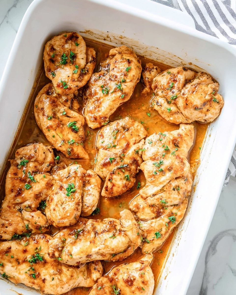 A white rectangular baking dish filled with a single layer of cooked chicken breasts, each piece browned with a slightly crispy golden surface and speckled with black pepper and small green herb bits. The chicken sits in a shallow pool of reddish-brown sauce that glistens under the light. The inside walls of the baking dish have some browned sauce residue. The dish is placed on a white marbled surface with a striped cloth towel nearby. Photo taken with an iphone --ar 4:5 --v 7