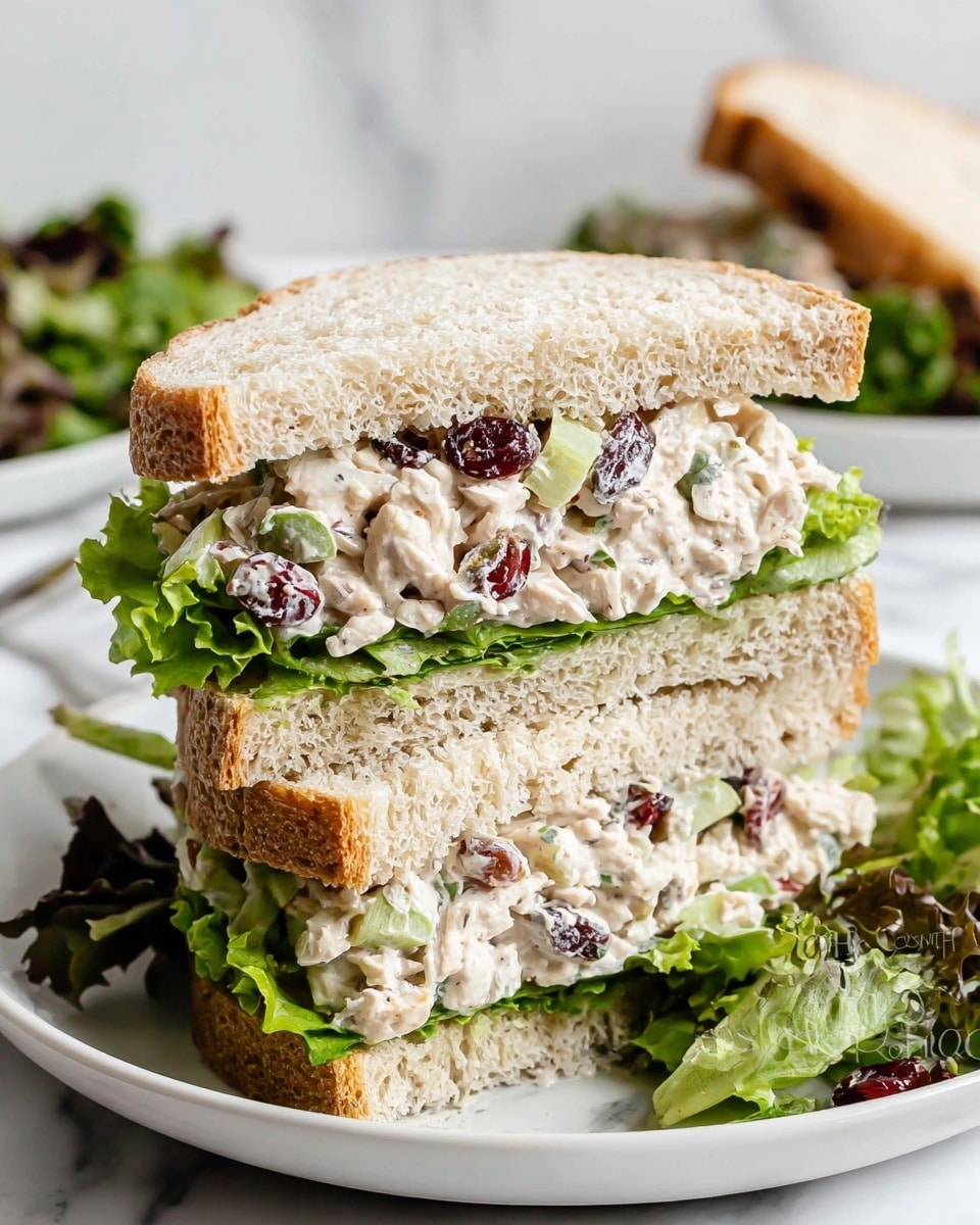 A sandwich is cut in half and stacked on a white plate. It has three layers of soft, light beige bread with a rough, airy texture. Between the bread layers, there is a thick mix of light chicken salad with small pieces of green celery and dark red dried cranberries, with a creamy texture. Bright green leafy lettuce is placed between the chicken salad and the bread on both layers. A small fork and some green leafy salad are visible on the white plate, all set on a white marbled surface. Photo taken with an iphone --ar 4:5 --v 7