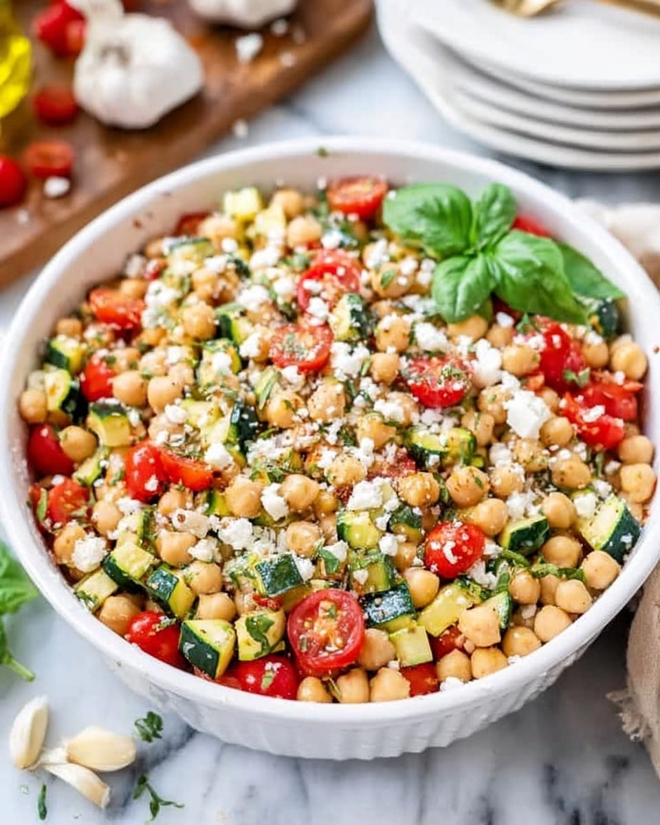 A white bowl filled with a colorful chickpea salad, showing three main layers: the base layer of round beige chickpeas, a middle layer of small red tomato pieces and green chopped herbs, and a top layer sprinkled with white crumbled cheese and a fresh green herb for garnish, all sitting on a white marbled surface with garlic bulbs nearby and white stacked plates in the background, a woman's hand holding a copper spoon stirring the salad, photo taken with an iphone --ar 4:5 --v 7