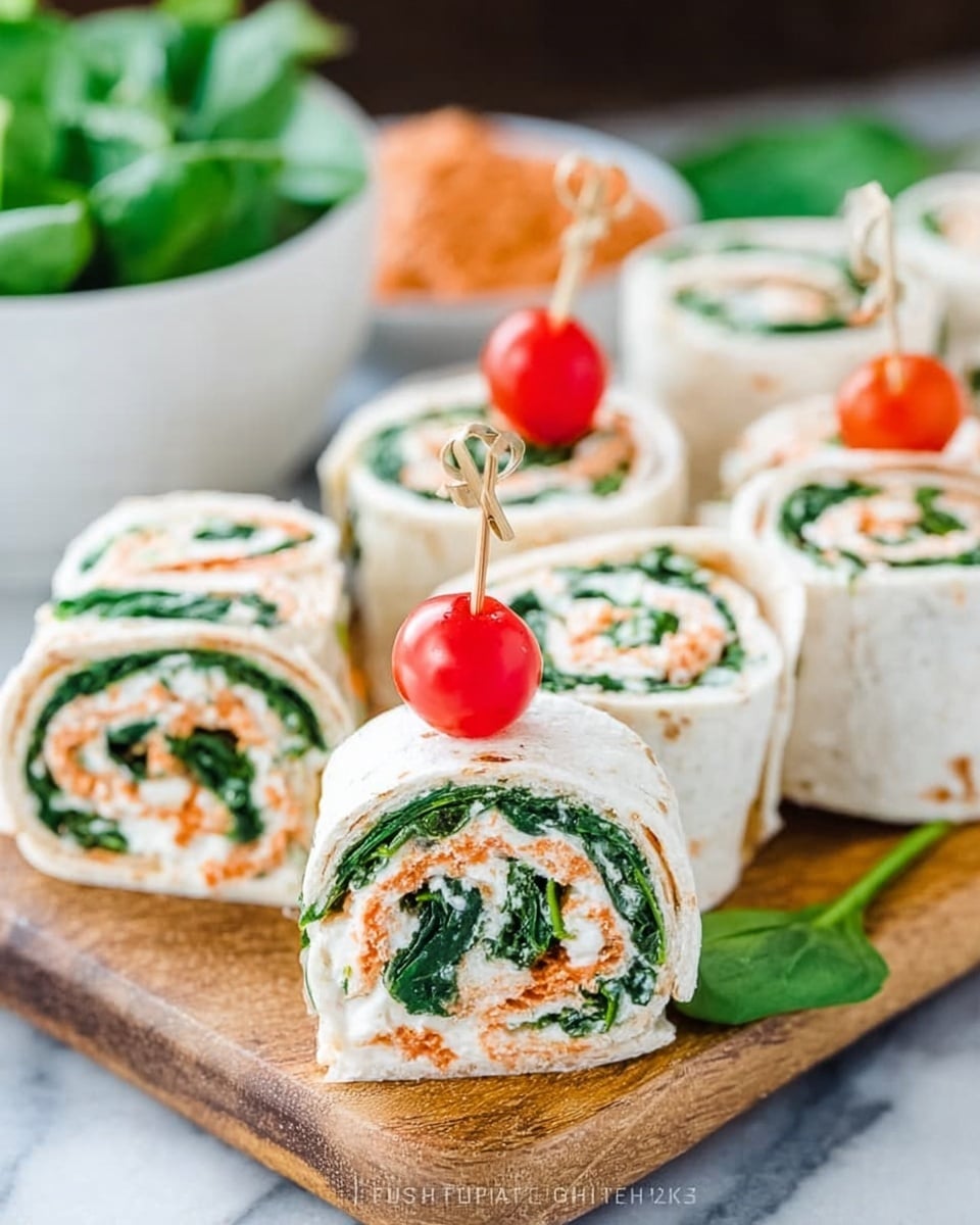 A close-up of several white tortilla pinwheel sandwiches stacked on a wooden board, each slice showing three visible layers: a thin outer white tortilla wrap, a middle reddish spread layer, and a green spinach leaf layer tightly rolled inside. One sandwich in the front has a small red cherry tomato held on top with a toothpick. In the blurry background, there is a black bowl filled with a reddish spread and some scattered spinach leaves on a white marbled surface. photo taken with an iphone --ar 4:5 --v 7