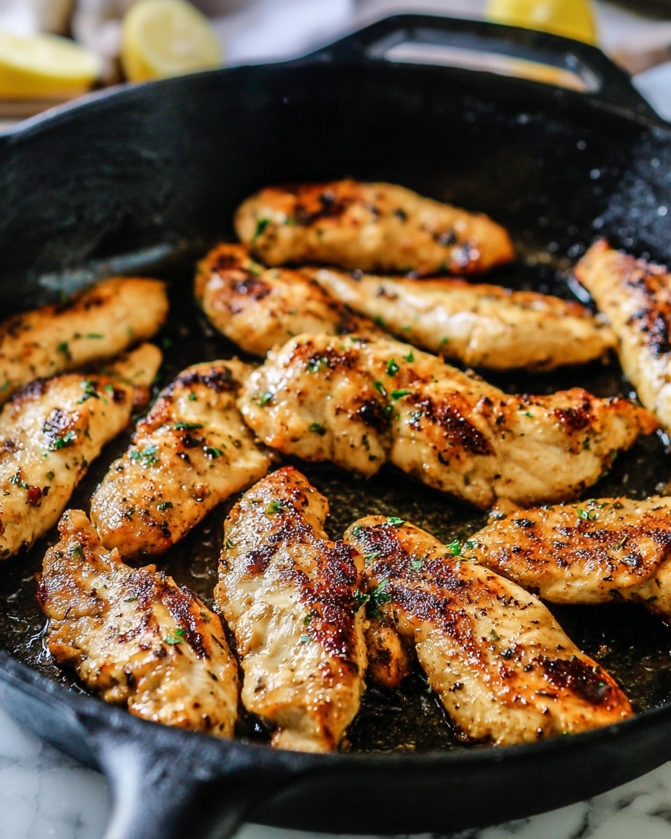 A close-up view of nine golden brown chicken tenders cooking in a black cast-iron pan, each piece showing a crispy, slightly charred texture with small green herb bits sprinkled on top, creating a fresh contrast. The pan surface has some oil glistening around the chicken, enhancing the cooked look. The background features a soft, white marbled texture. Photo taken with an iphone --ar 4:5 --v 7