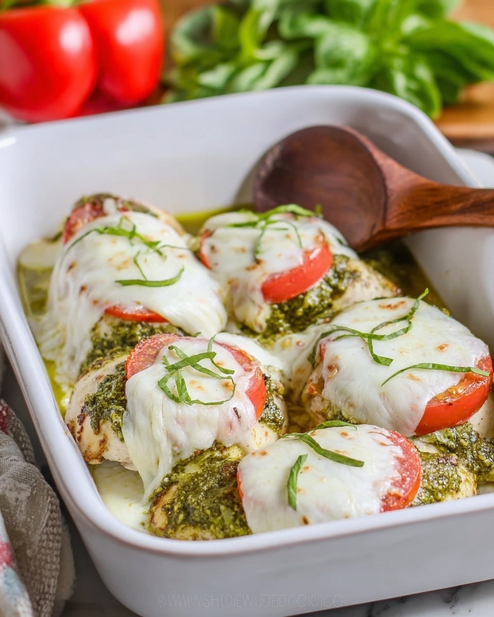 The dish shows five pieces of chicken in a white baking dish, each piece topped with a bright green pesto sauce as the first layer, followed by a layer of thick melted white cheese with a slightly browned texture on top. Slices of red tomato are placed beneath the cheese, adding a pop of red color under the smooth white layer. Thin strips of fresh green basil are scattered over the cheese, adding a fresh, textured element. In the background, there is some green lettuce and a whole red bell pepper, placed on a white marbled surface. Photo taken with an iphone --ar 4:5 --v 7