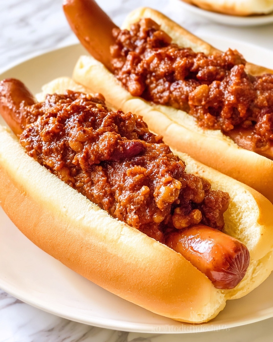 Two chili cheese hot dogs sit on a white plate with a white marbled surface underneath. Each hot dog features a soft, light golden bun as the base, with a smooth reddish-brown sausage placed inside. The sausages have some slight dark grill marks on the ends. Generous layers of thick, chunky chili with visible bits of ground meat and beans cover the sausages, spreading unevenly from the middle to the edges of each hot dog. A glass bowl with light-colored, shredded cheese sits blurred in the background, adding depth to the image. photo taken with an iphone --ar 4:5 --v 7