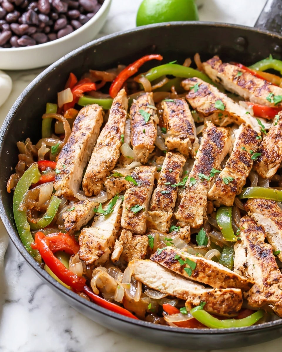 In a black frying pan, there are about three layers of sliced grilled chicken breast, each piece showing brown grill marks and a slightly crispy texture on the outside. Underneath and mixed between the chicken slices, there are strips of cooked red and green bell peppers along with sautéed translucent onions, all soft and slightly shiny with oil. The dish is garnished with small pieces of fresh green herbs scattered evenly on top. The pan is set on a white marbled surface, and in the background, a blurred white plate with black beans is faintly visible. photo taken with an iphone --ar 4:5 --v 7
