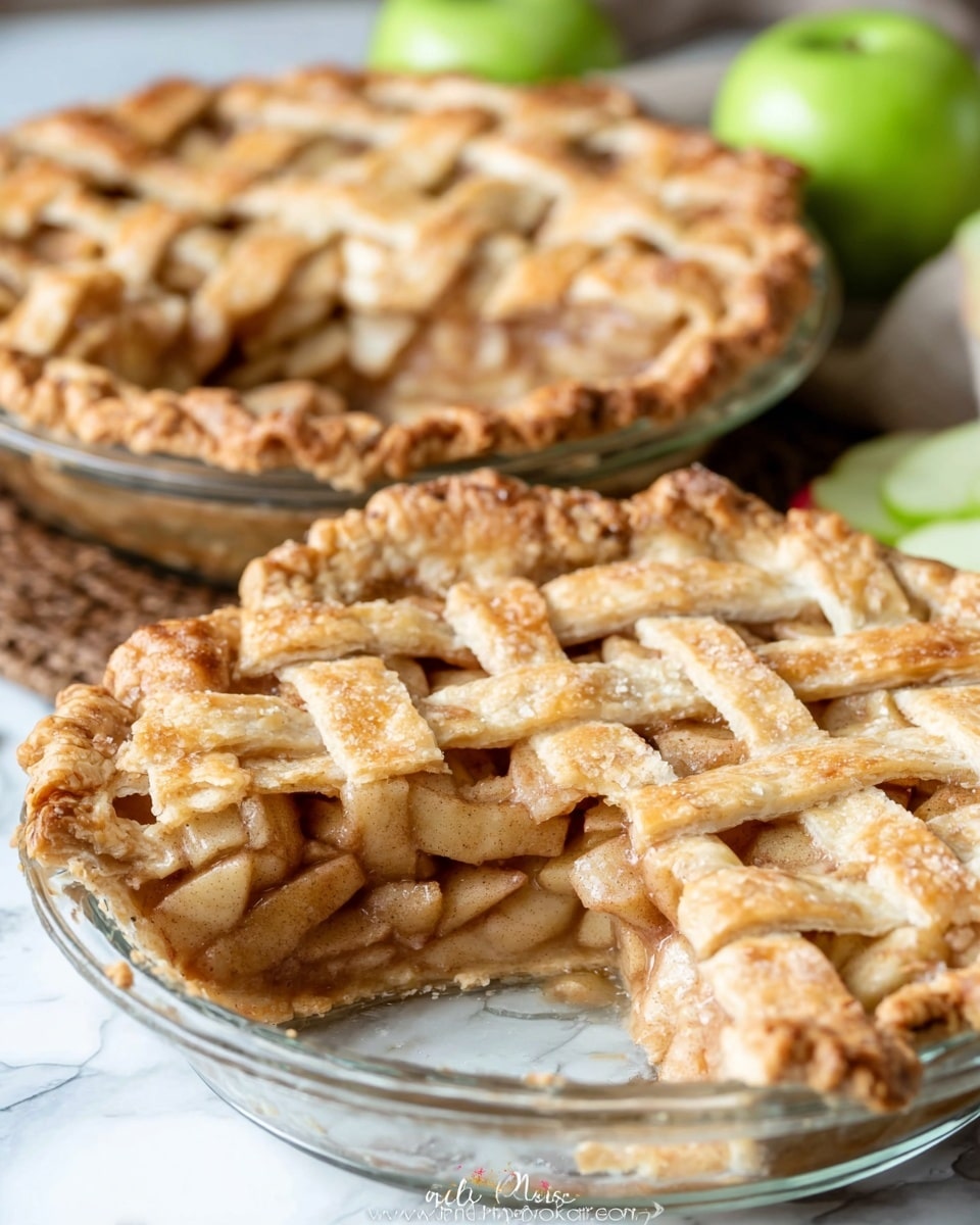 Two apple pies with golden brown, lattice crusts made from light tan dough are shown. The front pie has a slice taken out, revealing three layers inside: a bottom layer of flaky crust, a thick middle layer of soft, light brown apple slices mixed with gooey filling, and a top lattice crust of overlapping dough strips. The pies are set in clear glass pie dishes on a white marbled texture. In the background, there are some green apple slices and a whole apple, slightly out of focus. photo taken with an iphone --ar 4:5 --v 7