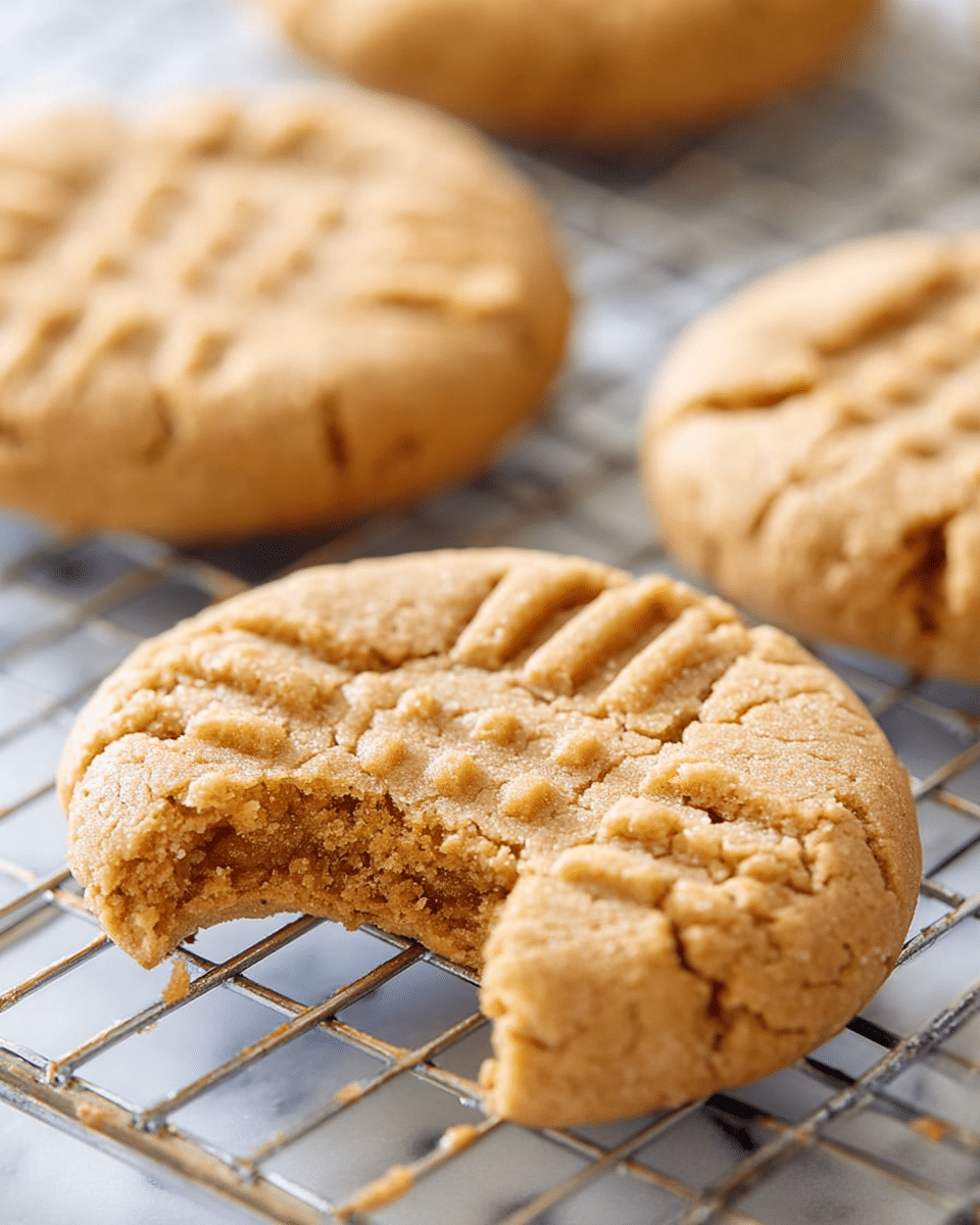 A close-up image of three soft, light brown peanut butter cookies cooling on a wire rack over a white marbled surface. The closest cookie in the foreground has a textured surface with a crisscross pattern made by pressing a fork, and a bite taken out of its side, revealing a moist and crumbly inside with a slightly darker brown shade. The other two cookies appear whole, slightly blurred in the background, with the same crisscross fork marks on top, and a soft, dense texture. The lighting is soft, highlighting the subtle cracks and crumbly texture of the cookies. Photo taken with an iphone --ar 4:5 --v 7