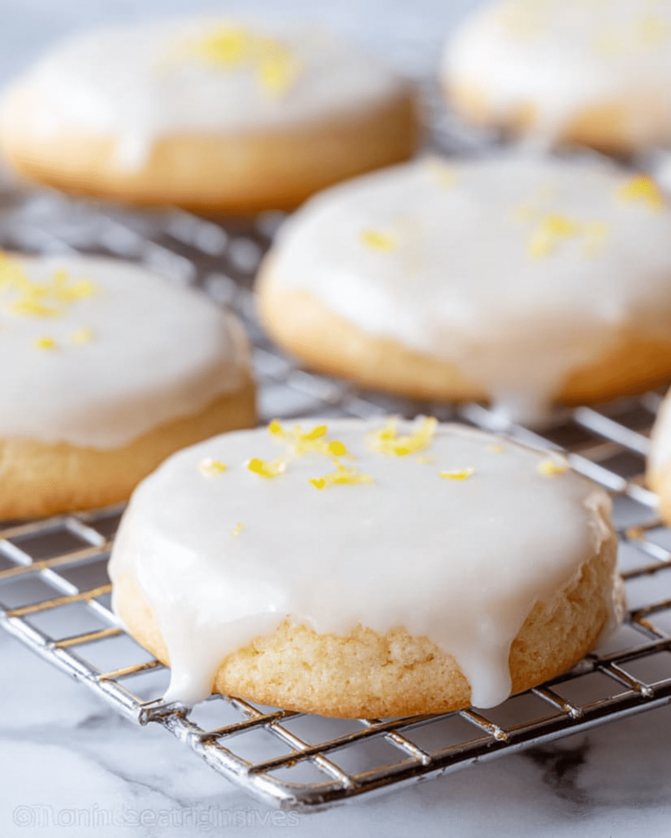 The image shows several round cookies placed on a metal cooling rack. Each cookie has a light golden base layer that looks soft and slightly thick. On top is a smooth, thick white glaze that drips gently down the sides. Small yellow zest pieces are scattered on the glaze, adding a touch of color and texture. The background is a white marbled surface that contrasts softly with the cookies. The photo taken with an iphone --ar 4:5 --v 7