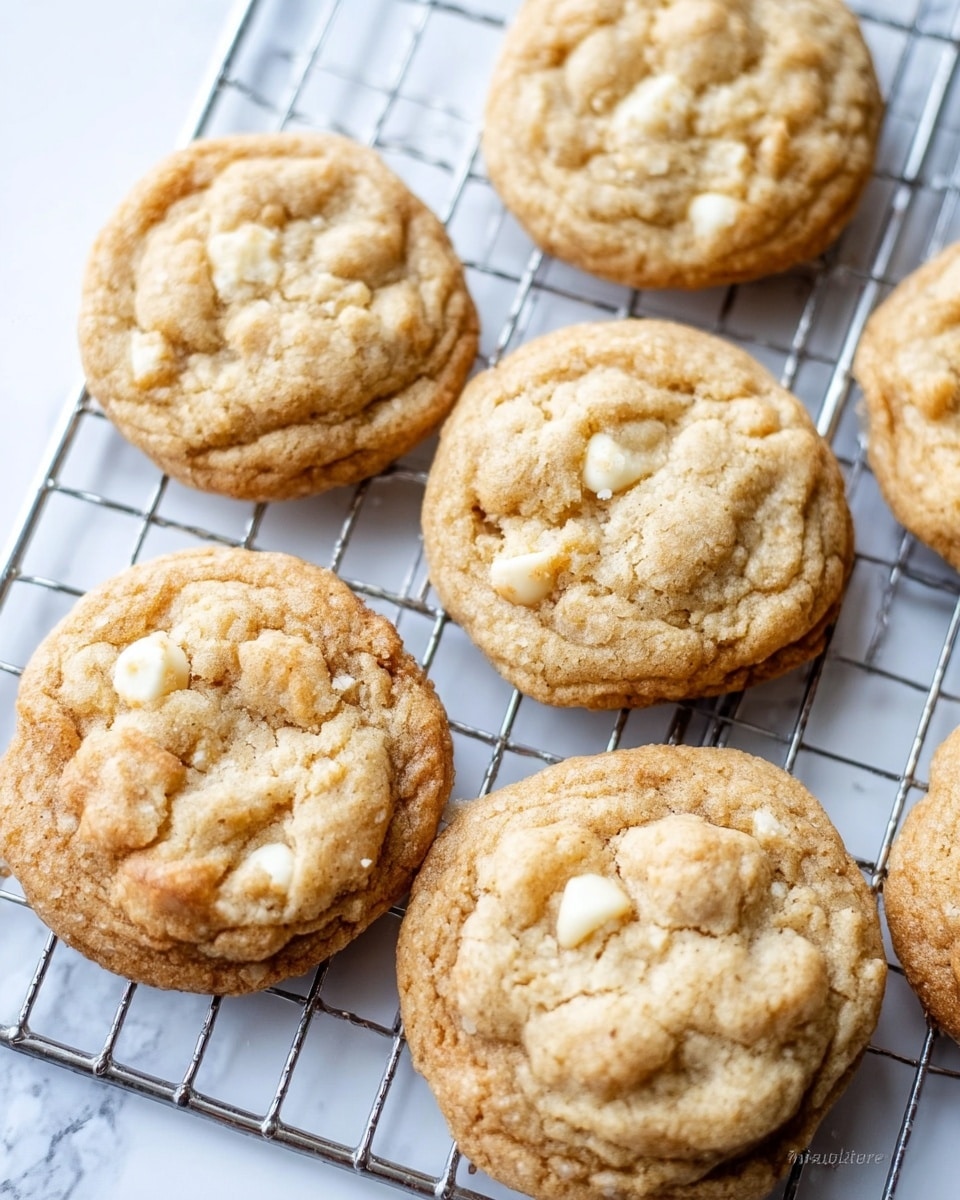 The image shows six soft, round cookies cooling on a metal wire rack over a white marbled surface. Each cookie has a golden-brown color with a slightly cracked texture on top, featuring visible white chocolate chips embedded in the dough. The cookies look thick and chewy, with slight crinkles and a homemade appearance. The wire rack creates a grid pattern underneath the cookies, and the lighting highlights the warm tones of the baked goods. Photo taken with an iphone --ar 4:5 --v 7