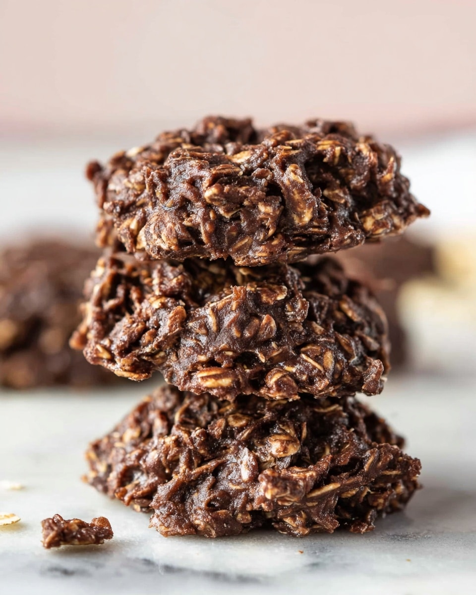 A stack of three thick, dark brown no-bake cookies with a rough, chunky texture showing oats mixed with chocolate. The top cookie has a bite taken out, revealing a dense, moist inside with visible oatmeal bits. They sit on a white surface with a white marbled texture, and there are small crumbs around the base of the stack. The background is blurred, keeping the focus on the cookies. Photo taken with an iphone --ar 4:5 --v 7