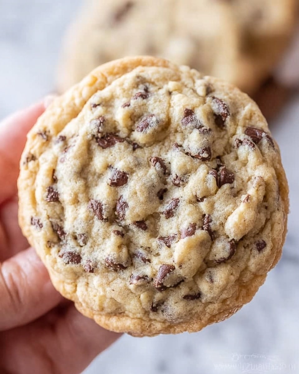 A close-up of a soft chocolate chip cookie held by a woman's hand, showing a thick, round shape with a light golden color and visible small dark chocolate chips spread evenly throughout. The cookie's surface looks slightly crinkled and textured, highlighting its chewy softness and fresh-baked quality, with another similar cookie blurred in the white marbled background. photo taken with an iphone --ar 4:5 --v 7