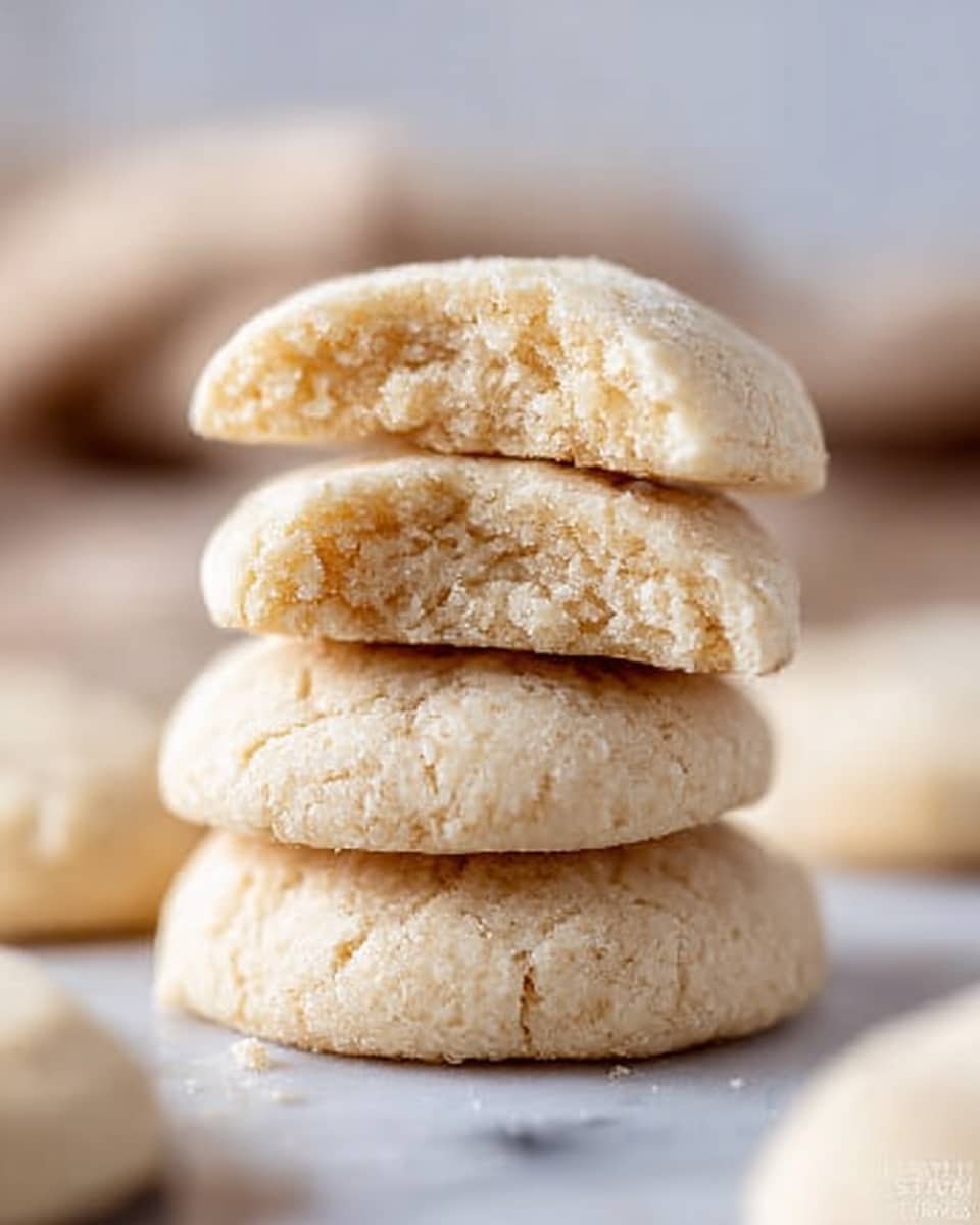 The image shows a stack of four soft, fluffy cookies with a pale beige color, arranged one on top of the other on a piece of parchment paper. Each cookie's texture looks slightly crumbly and light, with small air pockets visible inside. Around the stack, there are a few whole cookies lying flat on the white marbled surface, giving a simple and clean look to the setting. The lighting highlights the softness and delicate crumb of the cookies. photo taken with an iphone --ar 4:5 --v 7