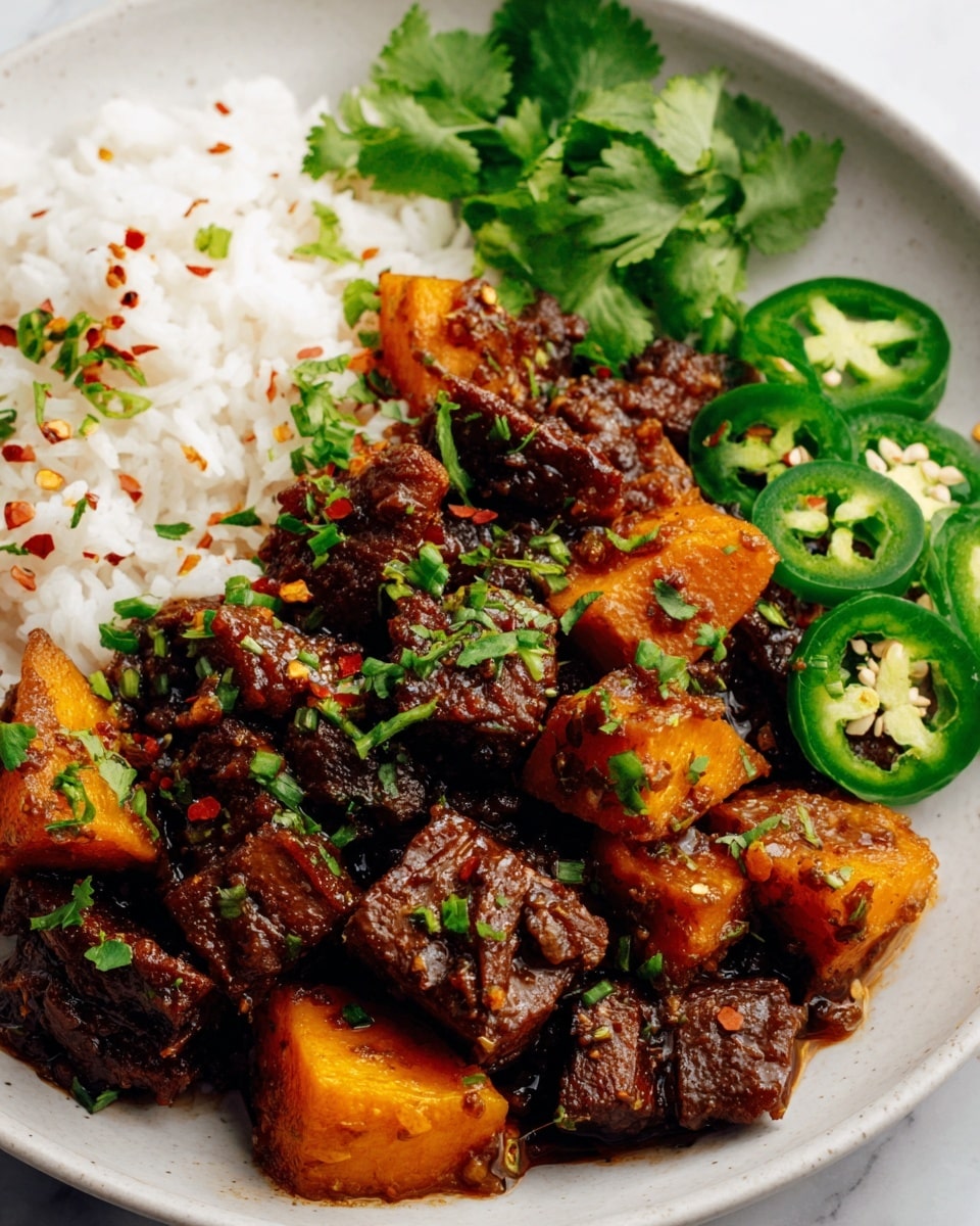 A white plate with a serving of white rice on the left side and a pile of dark brown, glazed roasted sweet potato cubes mixed with finely chopped green herbs in the center, showing a glossy and slightly crispy texture. On the right side, there are bright green sliced jalapeño peppers with visible seeds, adding a fresh contrast to the dish. A sprig of fresh cilantro is placed at the bottom left edge of the plate, and the entire scene is set on a white marbled surface. The photo taken with an iphone --ar 4:5 --v 7
