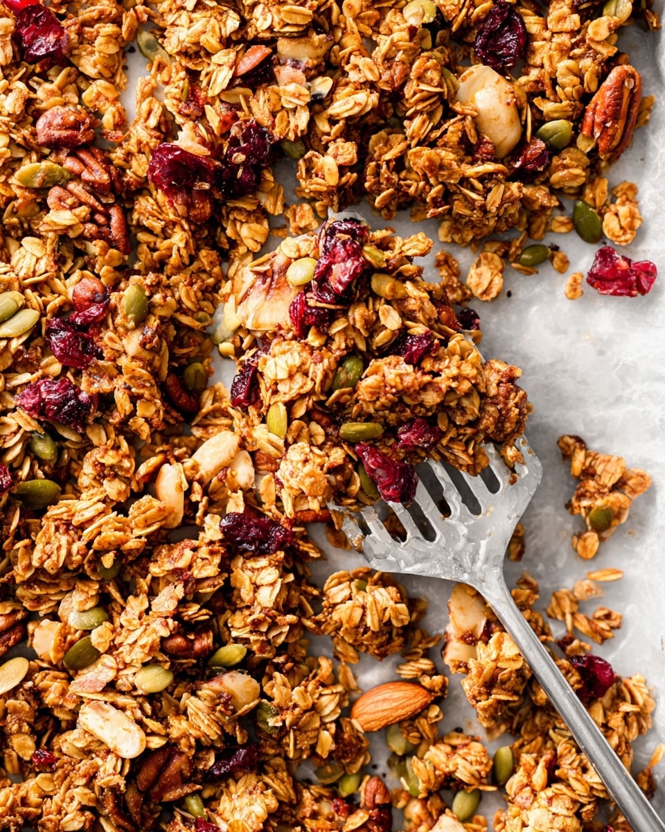 This image shows a close-up of large clusters of homemade granola spread across a white marbled surface, with a metal spatula lifting a portion in the center. The granola pieces are chunky and textured with visible oats, pumpkin seeds, whole almonds, pecans, and dried cranberries, giving a mix of light brown, reddish, and green colors. The granola appears crunchy and toasted with some pieces broken into smaller bits around the larger clusters. Photo taken with an iphone --ar 4:5 --v 7