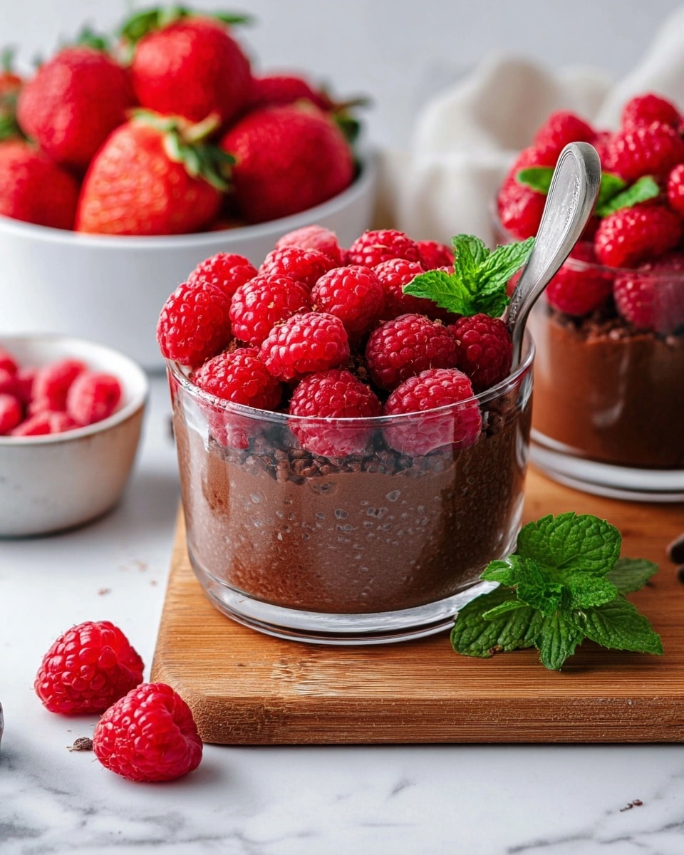 The image shows a clear glass cup filled with a thick, dark brown chocolate pudding layer. On top of the pudding, there is a generous layer of bright red raspberries, some piled high. A fresh green mint sprig is placed on one side of the raspberries, adding a pop of color. The glass sits on a wooden board that contrasts with the white marbled surface beneath it. Nearby, there are whole raspberries scattered around, small dark chocolate chips in a white bowl, and two white bowls filled with fresh red strawberries and raspberries. The photo is taken with an iphone --ar 4:5 --v 7