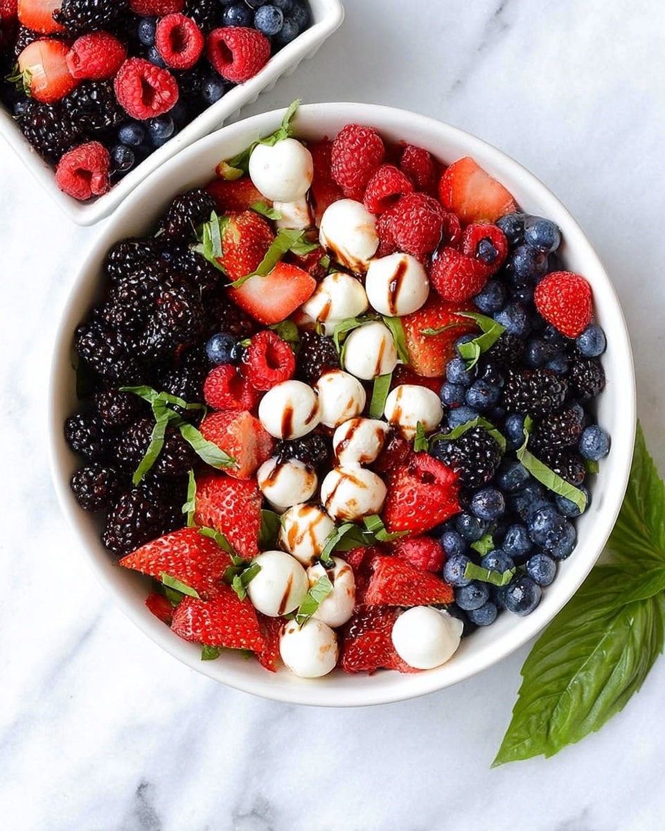 A white bowl is filled with a colorful mix of fresh fruits and small white cheese balls. The bottom layer consists of red strawberries cut into halves and quarters, black blackberries, red raspberries, and dark blue blueberries evenly spread throughout. Scattered among the berries are smooth, round white mozzarella cheese balls, some topped with thin green basil leaves and a light drizzle of dark balsamic glaze. A white square container in the background holds more strawberries, blackberries, raspberries, and blueberries. The scene is set on a white marbled texture, with a bunch of green basil leaves on the lower left and a crumpled white cloth on the right. photo taken with an iphone --ar 4:5 --v 7