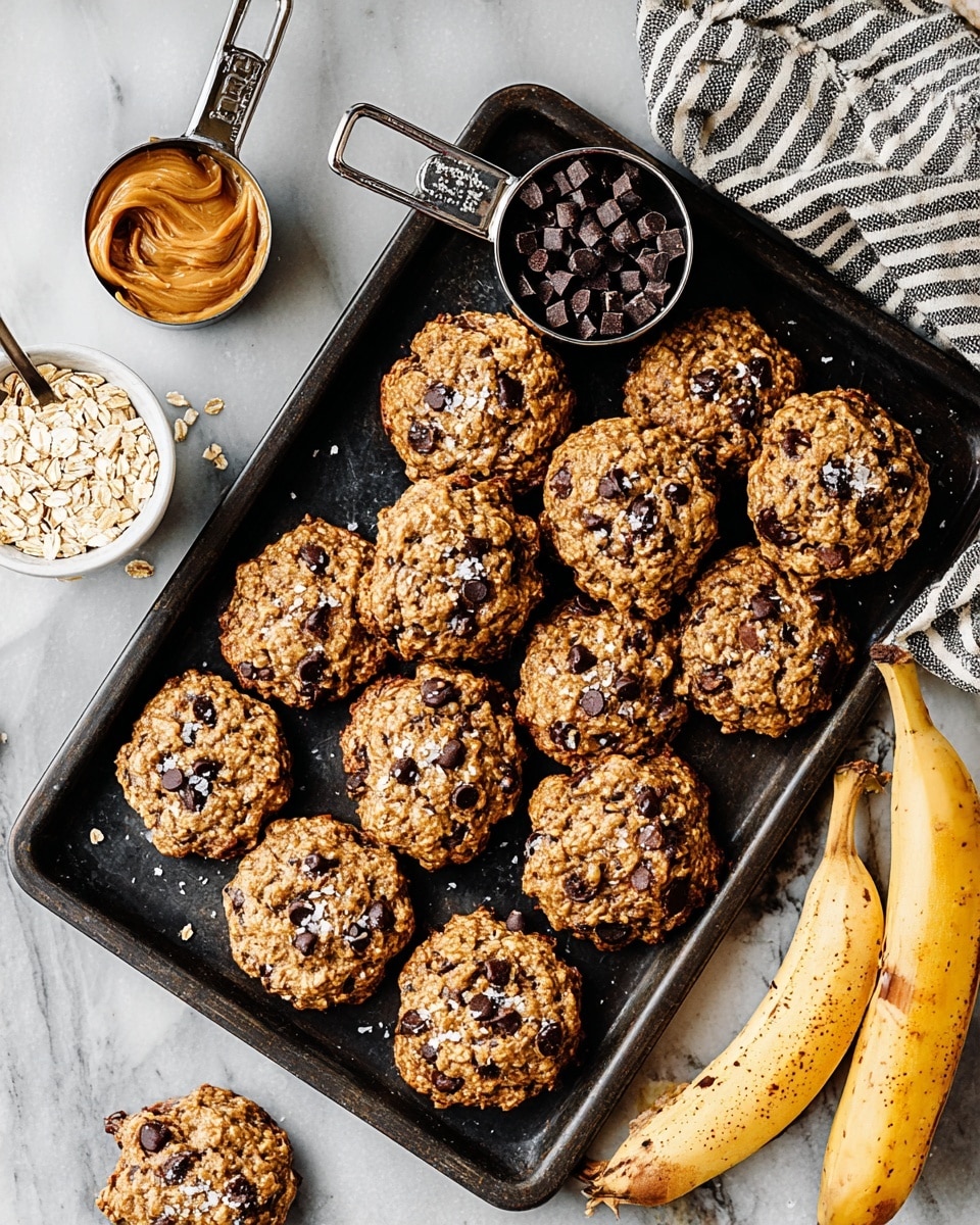 A black baking tray filled with about 14 round oatmeal chocolate chip cookies, each cookie golden brown with visible oats and dark chocolate chips spread throughout. Two small metal cups sit on the tray, one filled with rolled oats showing a light beige color and the other with dark chocolate chips. The tray rests on a white marbled surface, with a few scattered chocolate chips and a white striped cloth next to it, holding a small white bowl of light brown peanut butter. A peeled banana is partially visible at the top right corner. Photo taken with an iphone --ar 4:5 --v 7