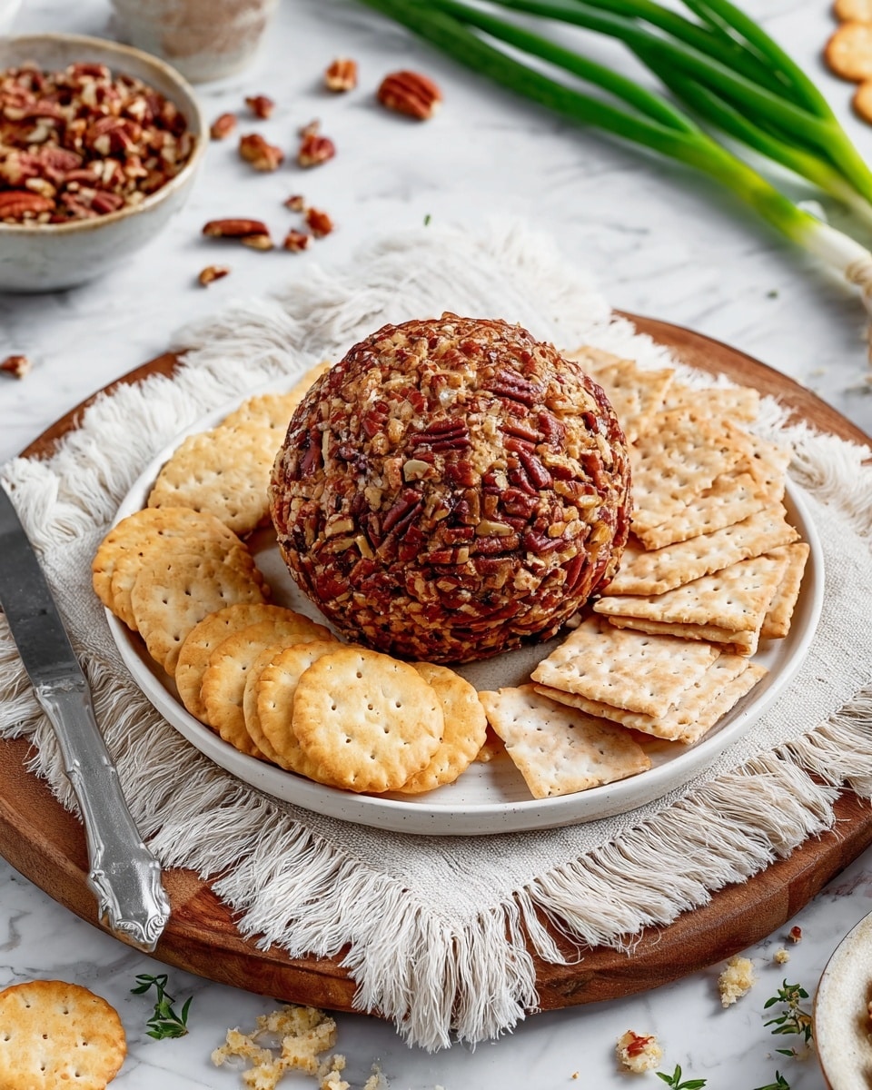 A round cheese ball covered completely with whole pecan halves, giving it a textured, dark brown outer layer. It sits in the center of a white plate, which is surrounded by two types of crackers arranged in a loose ring: golden round crackers with scalloped edges on the left and square light brown crackers with small holes on the right. The plate rests on a white textured cloth placed over a wooden board, all set on a white marbled surface. A vintage silver butter knife lies to the left side of the plate, next to some scattered crackers and a few green onion stalks in the upper left corner. Photo taken with an iphone --ar 4:5 --v 7