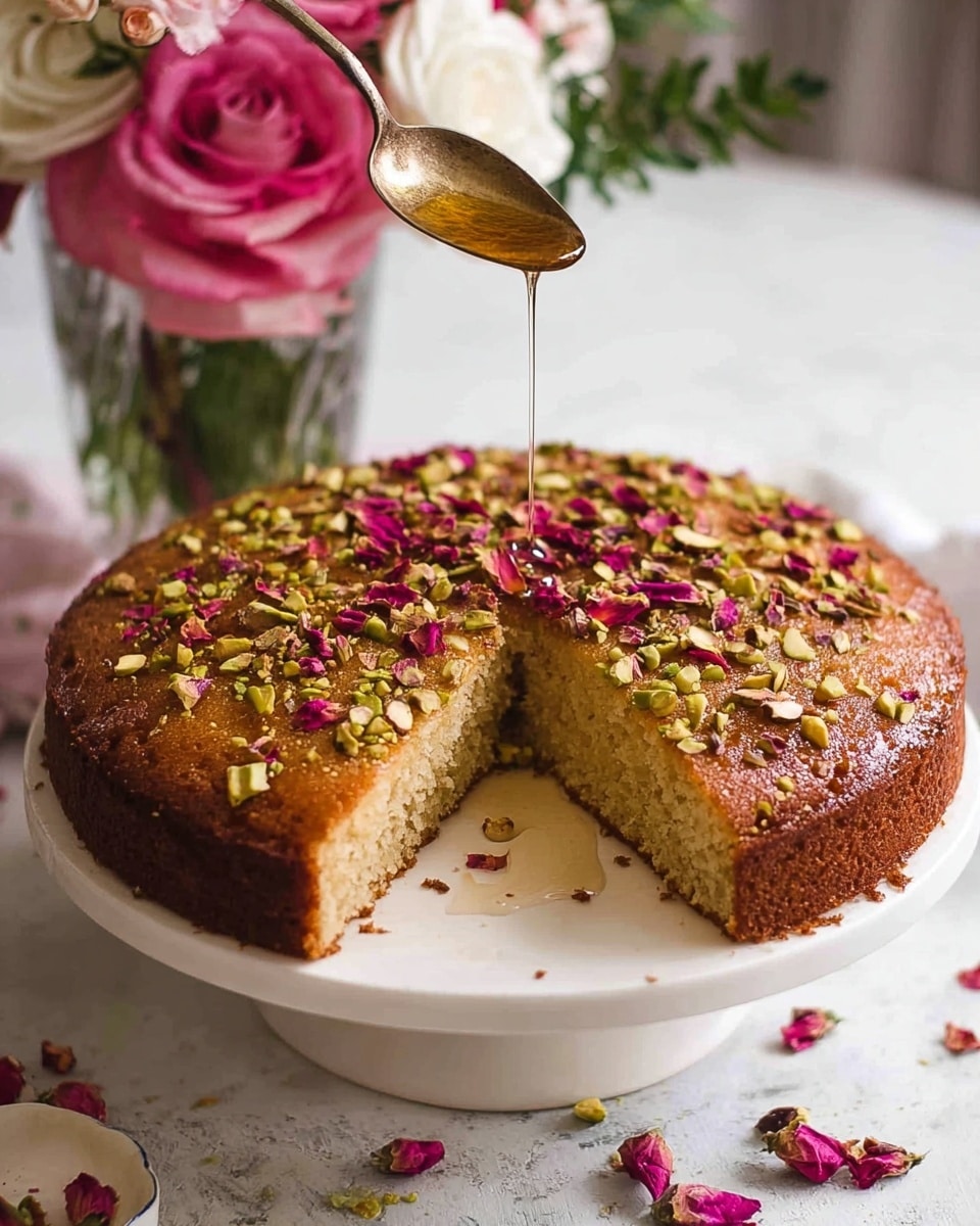 A round, single-layer golden-brown cake sits on a white cake stand with a slice removed, revealing a moist, dense interior. The top of the cake is decorated with scattered chopped green pistachios and bright pink dried rose petals, adding texture and color. A spoon above the cake gently drizzles a clear syrup over the center, creating a shiny wet spot on the surface. The cake stand is placed on a white marbled texture surface, with a soft pink cloth and some rose petals scattered around. In the background, a glass jar holds a bouquet of pale and pink flowers, adding a fresh touch. Photo taken with an iphone --ar 4:5 --v 7