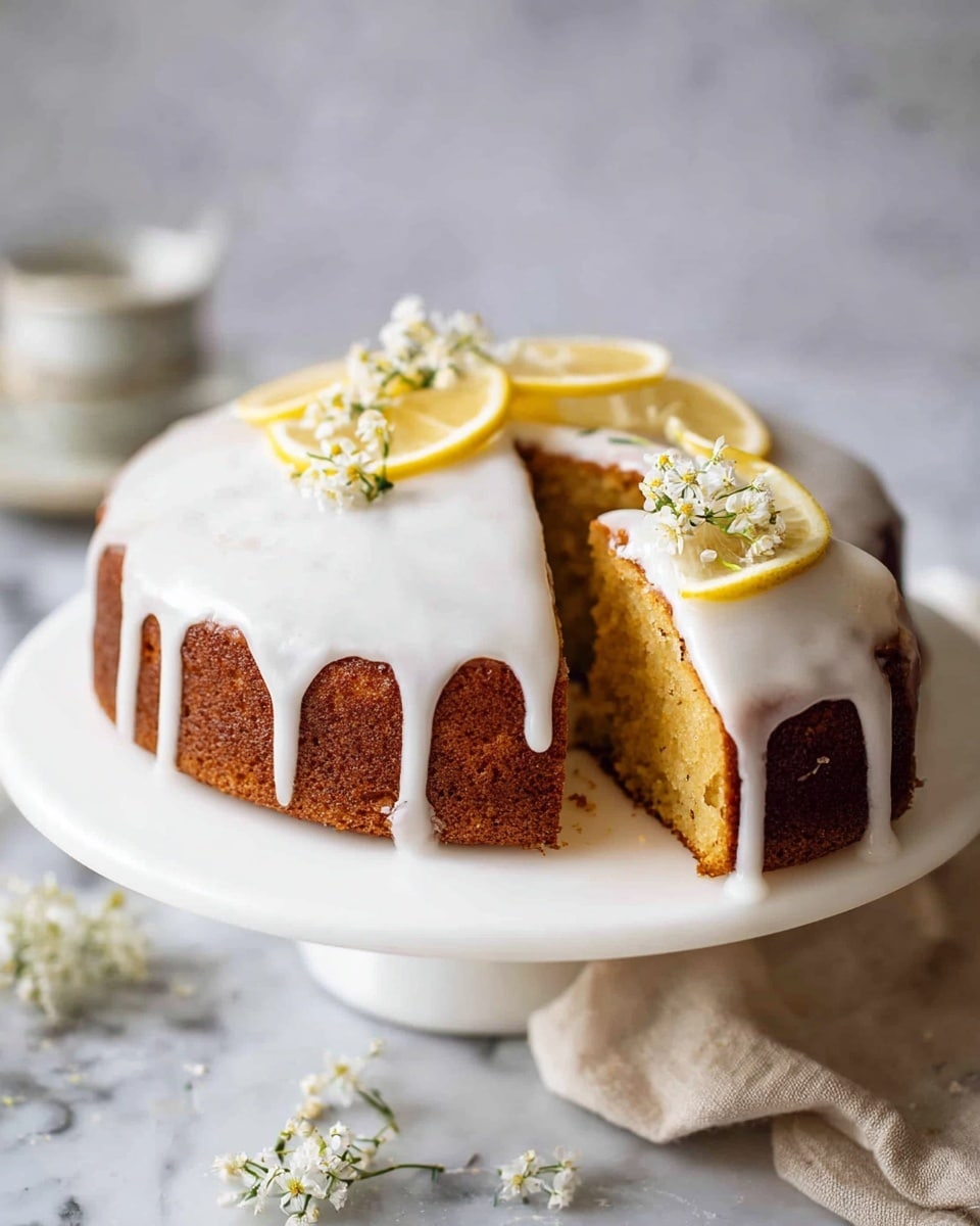 A single-layer round cake with a light brown base covered by smooth white icing that drips slightly over the edges, placed on a white cake stand. Three thin lemon slices decorated with small white flowers rest on top, evenly spaced near the middle. A slice has been cut out and is placed next to the cake, showing the light yellow inside and white icing on top, also garnished with a lemon slice and small white flowers. The cake stand sits on a beige cloth that is draped over a white marbled surface. Photo taken with an iphone --ar 4:5 --v 7