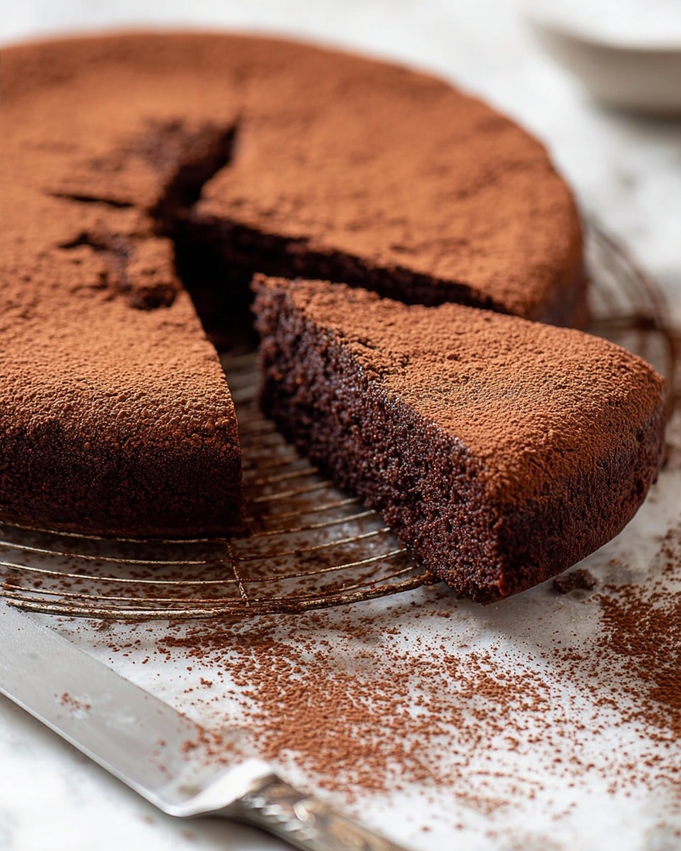 A single-layer chocolate cake with a dark brown texture is shown, dusted heavily with cocoa powder on top, giving it a fine powdery layer that covers the entire surface evenly. One slice of the cake has been cut and is slightly lifted, revealing a moist and dense crumb inside that matches the dark chocolate color of the cake’s exterior. The cake rests on a round white marbled surface, with cocoa powder scattered around it. To the left, a silver knife lies on the white marbled surface, also dusted with cocoa powder. photo taken with an iphone --ar 4:5 --v 7