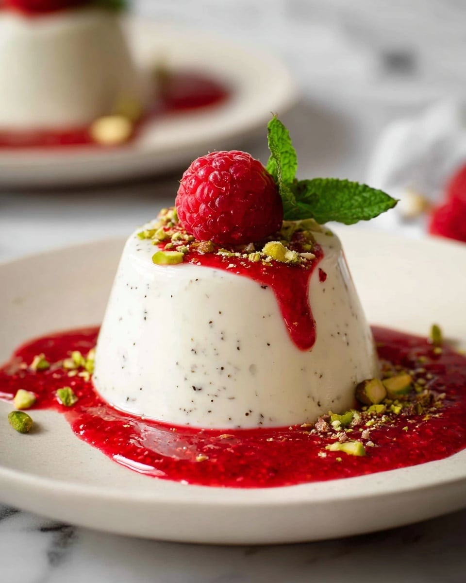 A small, smooth white panna cotta sits in the center of a white plate, with visible tiny black vanilla specks throughout its creamy surface. On top, a bright red raspberry sauce drips down the sides in thick streams, creating a striking contrast. The sauce is topped with a single fresh red raspberry and a small green mint leaf. Around the panna cotta on the plate are scattered small pieces of chopped pistachios, adding green and brown texture and color. The background is a white marbled surface, and a blurred second panna cotta with similar decoration is visible in the background. Photo taken with an iphone --ar 4:5 --v 7