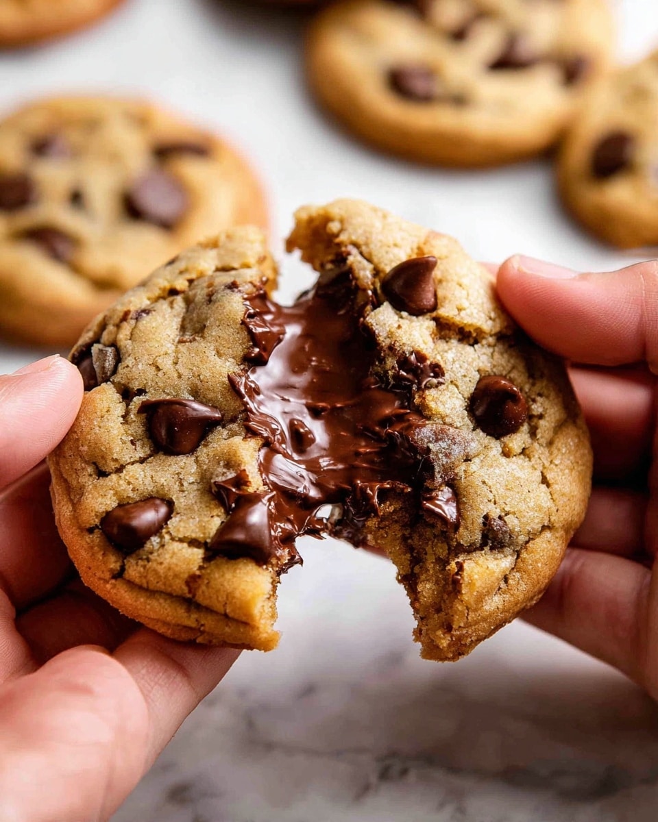 A close-up view of a soft, round chocolate chip cookie being broken apart by a woman's hands, revealing a smooth, melted dark chocolate center inside. The cookie has a golden brown, slightly crispy outer layer dotted with dark brown, glossy chocolate chips. In the blurred background, more similar cookies rest on a white marbled surface. photo taken with an iphone --ar 4:5 --v 7