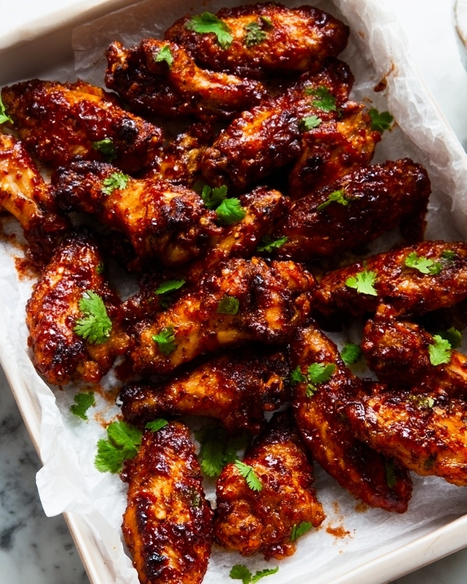 A white plate filled with a layer of crispy, glazed chicken wings that have a deep reddish-brown color with some charred spots. The wings are coated in a shiny, sticky sauce and scattered with fresh green cilantro leaves on top. The skin of the wings looks crunchy with a slightly rough texture, and the herbs add a bright contrast to the warm tones of the chicken. The plate is placed on a white marbled surface. Photo taken with an iphone --ar 4:5 --v 7