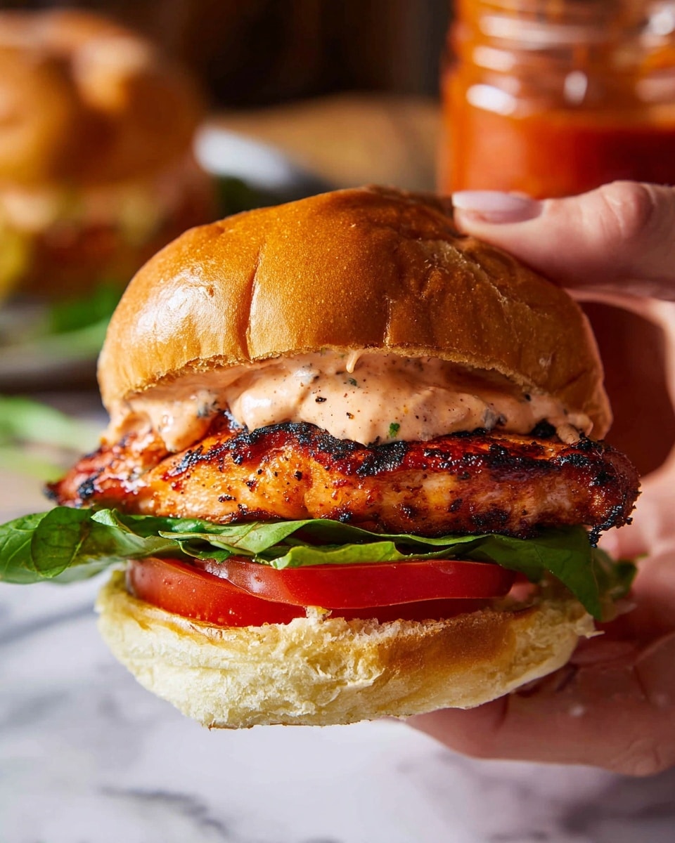 A close-up of a three-layer chicken sandwich held by two woman's hands, showing a soft, golden brown bun on top. Below the top bun is a grilled chicken breast with a reddish-brown crust covered in light pink creamy sauce with black pepper specks. Under the chicken, there are two slices of red tomato resting on a bright green leafy lettuce. The bottom bun is soft and light brown, with some light pink sauce visible at the edges. The background shows an out-of-focus white marbled surface and a jar with red sauce. Photo taken with an iphone --ar 4:5 --v 7
