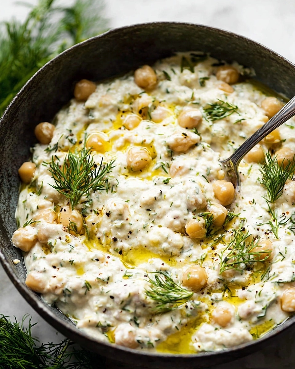 A rustic dark bowl filled with a creamy white mixture, layered thickly and studded with pale beige chickpeas. The surface is drizzled with golden yellow oil and sprinkled with cracked black pepper. Fresh green dill sprigs are scattered on top, adding fresh color. A silver spoon rests inside the bowl holding some of the creamy chickpea mix. The bowl is set on a white marbled texture, creating a clean and bright background. Photo taken with an iphone --ar 4:5 --v 7