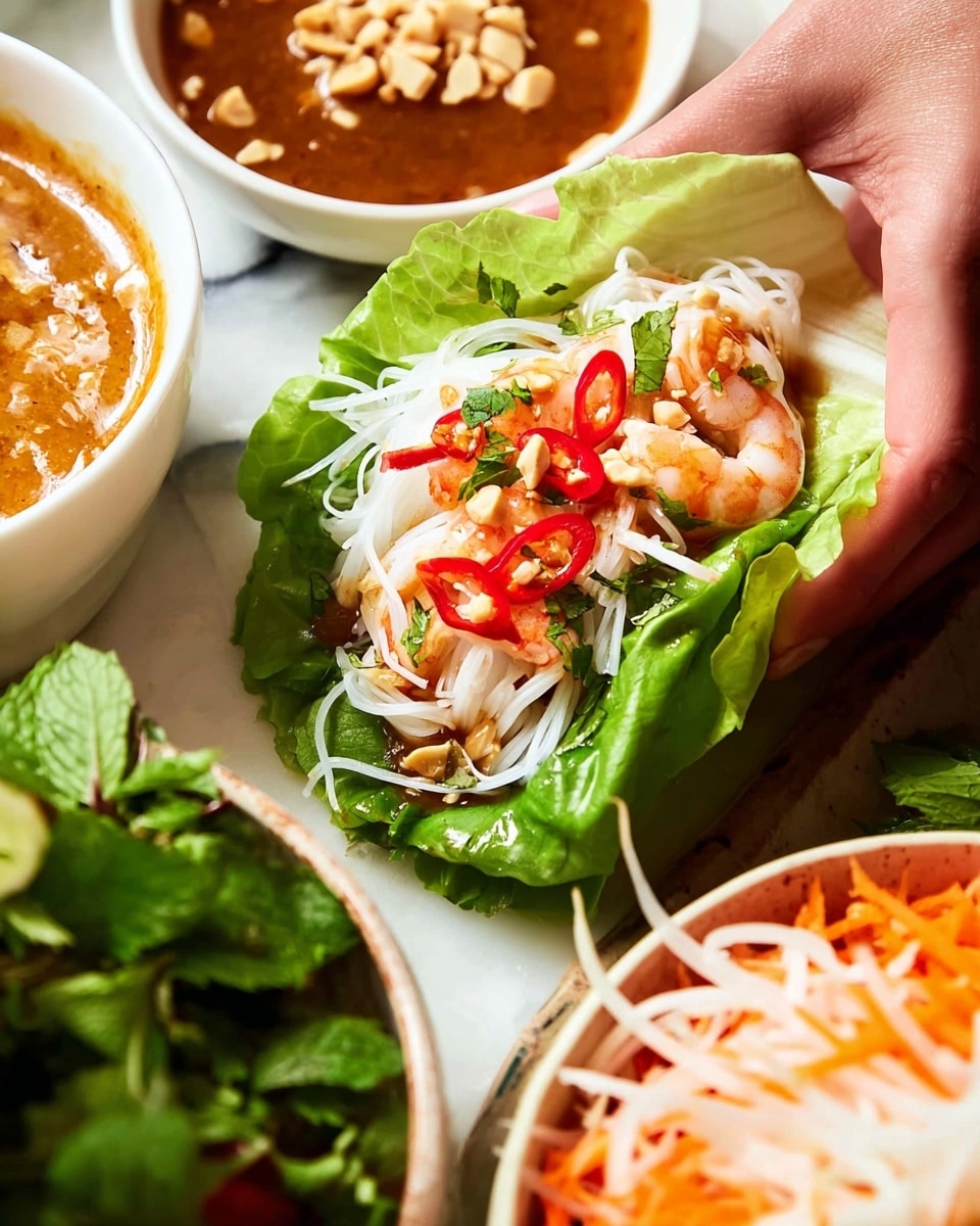 A woman's hand holds a fresh green lettuce leaf filled with several layers: at the bottom are dark green leafy herbs, followed by pink-orange cooked shrimp, topped with thin white rice noodles, bright red sliced chili peppers, and a drizzle of light brown peanut sauce sprinkled with chopped peanuts. Around the hand, there are bowls with shrimps, bean sprouts mixed with red chili slices, and pickled shredded white and orange vegetables, all placed on a white marbled surface. photo taken with an iphone --ar 4:5 --v 7