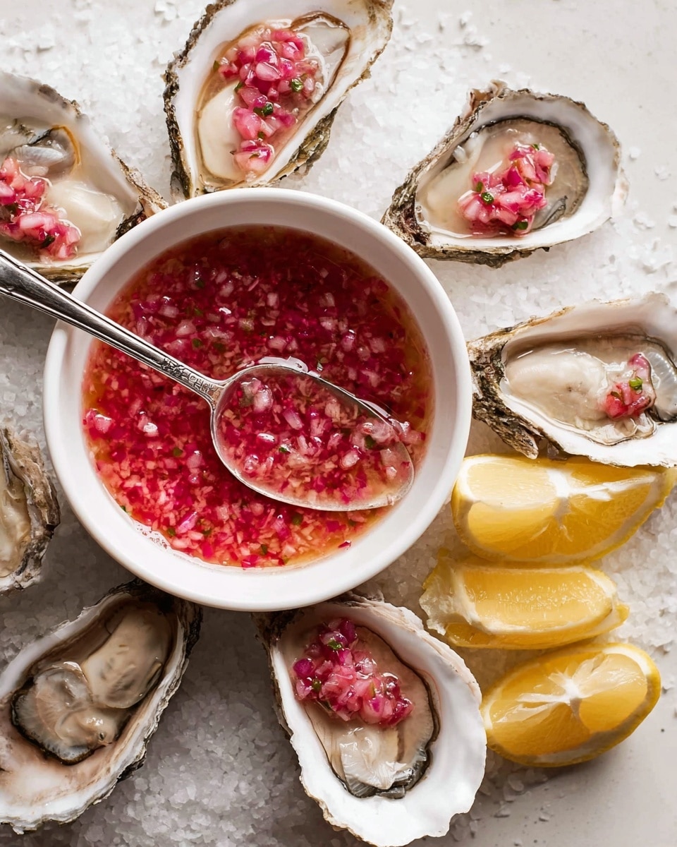 The image shows several raw oysters in rough, dark shells with glossy, plump, and smooth beige to light brown flesh inside, each oyster garnished with small pieces of red onion. They are arranged around a small white bowl filled with a red and translucent dipping sauce made of finely chopped red onions. A silver spoon rests in the bowl, covered with some of the sauce and onions. On the right side, there are a few wedges of bright yellow lemon. Everything is placed on a bed of ice on a white marbled surface. Photo taken with an iphone --ar 4:5 --v 7