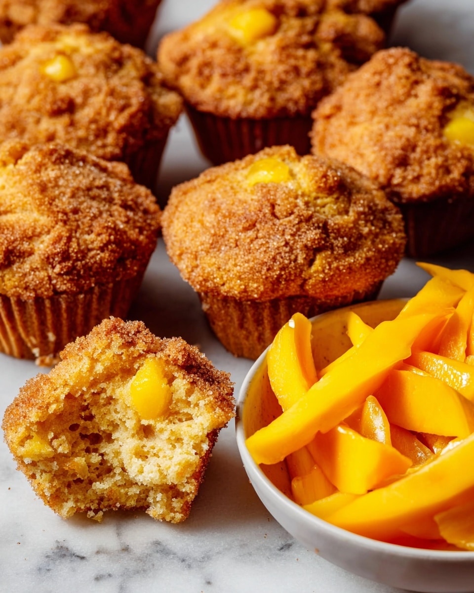The image shows a close-up view of golden-brown muffins with a crumbly topping, each muffin has small chunks of a yellow fruit inside. One muffin is broken open in the front, revealing a soft, moist texture with pieces of the yellow fruit clearly visible inside. Next to the muffins, there is a small white bowl filled with bright orange mango slices, neatly cut and layered. All items are placed on a white marbled surface, creating a clean and bright background for the warm colors of the muffins and mango. photo taken with an iphone --ar 4:5 --v 7