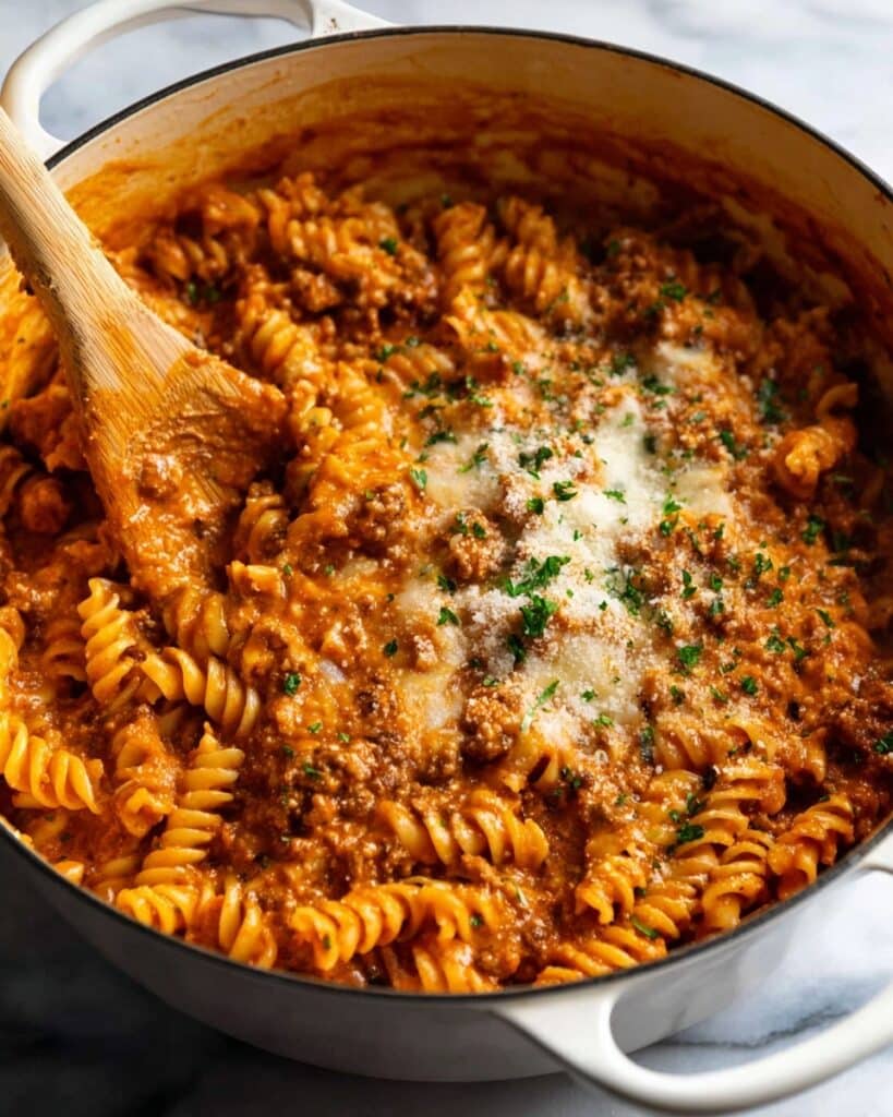 One Pot Creamy Tomato Beef Pasta Recipe