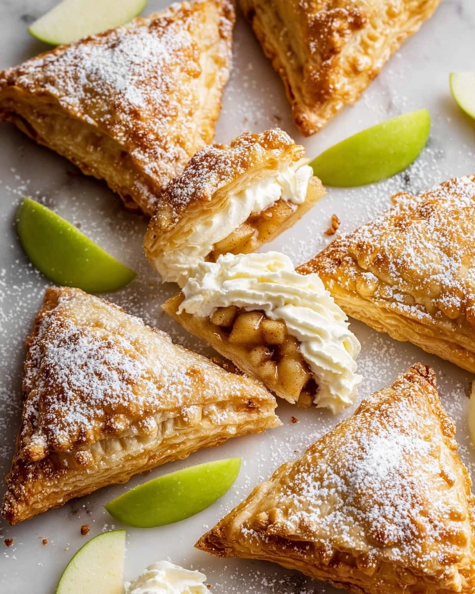 The image shows several golden-brown triangular puff pastries with a flaky texture, dusted generously with white powdered sugar. One puff pastry is cut open, revealing a filling of small, soft apple chunks coated in a light cinnamon glaze, while another pastry is partially open to show a thick layer of creamy, white whipped filling with a swirled pattern in the middle. Around the pastries, there are fresh green apple slices adding a pop of color, all placed on a white marbled surface. The look is warm and inviting with a mix of soft, crisp, and creamy textures. photo taken with an iphone --ar 4:5 --v 7