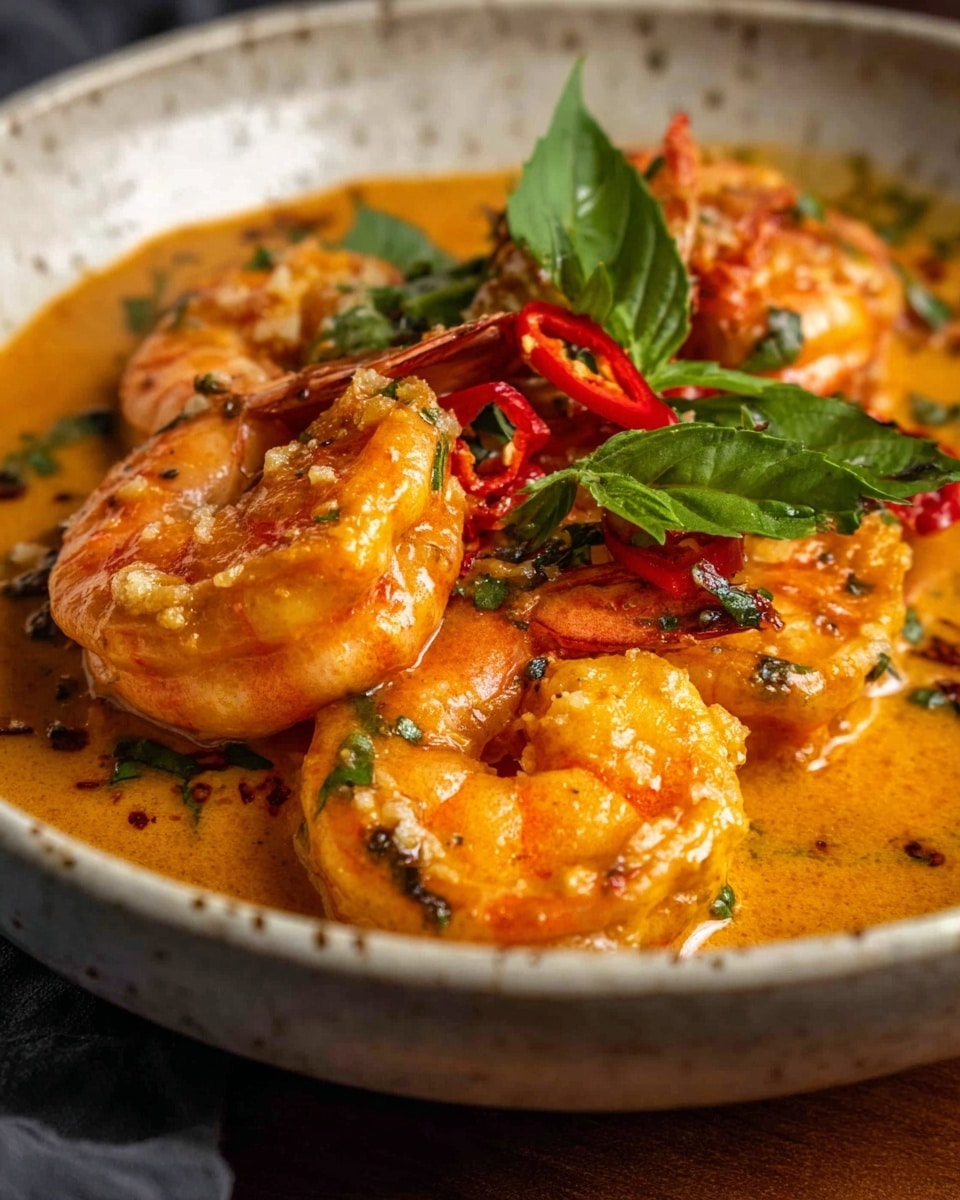 A close-up view of a dark bowl filled with shrimp in a thick, orange-red sauce. The shrimp are large and coated evenly in the sauce, which has a glossy, rich texture. On top, there are small chopped white nuts and bright red chili slices scattered across, along with fresh green basil leaves adding a pop of color. The inside of the bowl is smooth and slightly reflective, highlighting the creamy sauce, with a bit of sauce dripping down the outside edge. The background is softly blurred, focusing attention on the bowl. Photo taken with an iphone --ar 4:5 --v 7