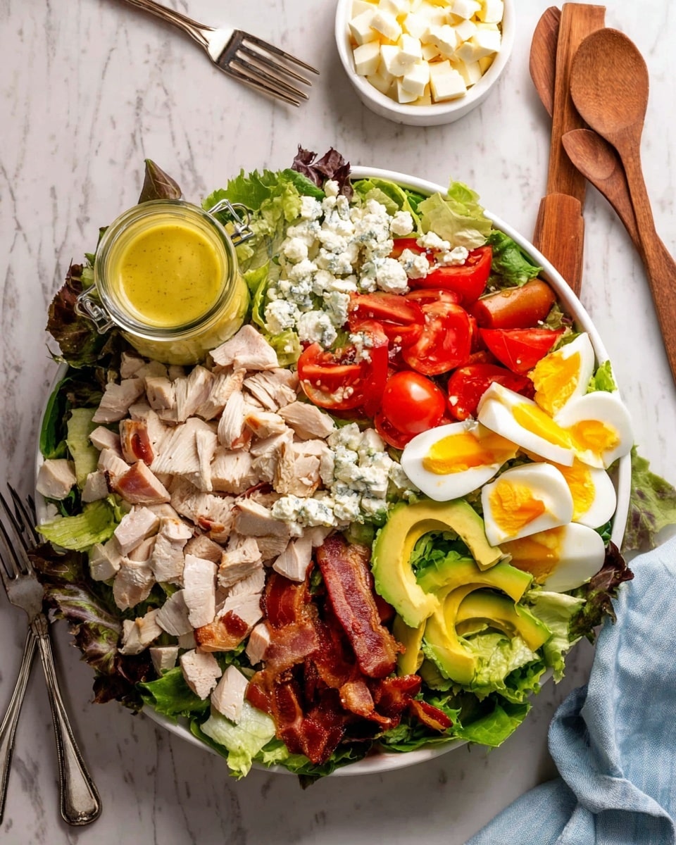 A white bowl filled with a fresh salad showing six main layers: a base of green lettuce leaves, topped with chopped white chicken pieces, soft-boiled egg quarters with bright orange yolks, vivid red tomato chunks, sliced light green avocado, and crispy brown bacon strips. Scattered on top are small white chunks of cheese sprinkled with chopped green herbs. On the side inside the bowl is a small glass jar of creamy yellow dressing. Underneath, a small white bowl holds more pieces of the white cheese. All sits on a white marbled surface with some metal forks around. photo taken with an iphone --ar 4:5 --v 7