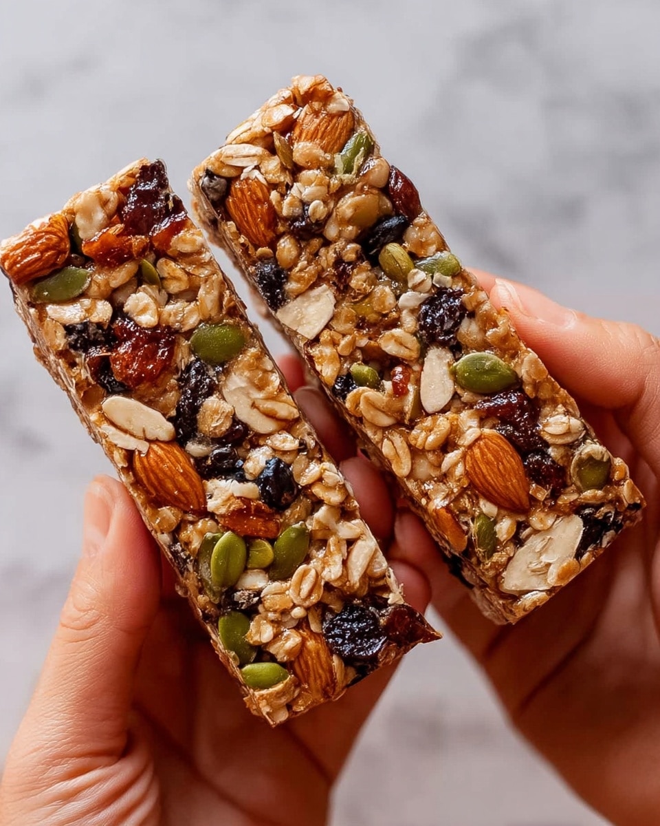 Two rectangular granola bars are held by two woman's hands against a white marbled background. Each bar has one layer composed of mixed ingredients including light brown oats, dark brown raisins, whole almonds, and green pumpkin seeds all bound together with a glossy honey-like syrup. The texture looks crunchy and uneven with visible nuts and dried fruit pieces spread unevenly in the bars. The bars are close-up and held horizontally, showing thickness and the slightly sticky surface. photo taken with an iphone --ar 4:5 --v 7