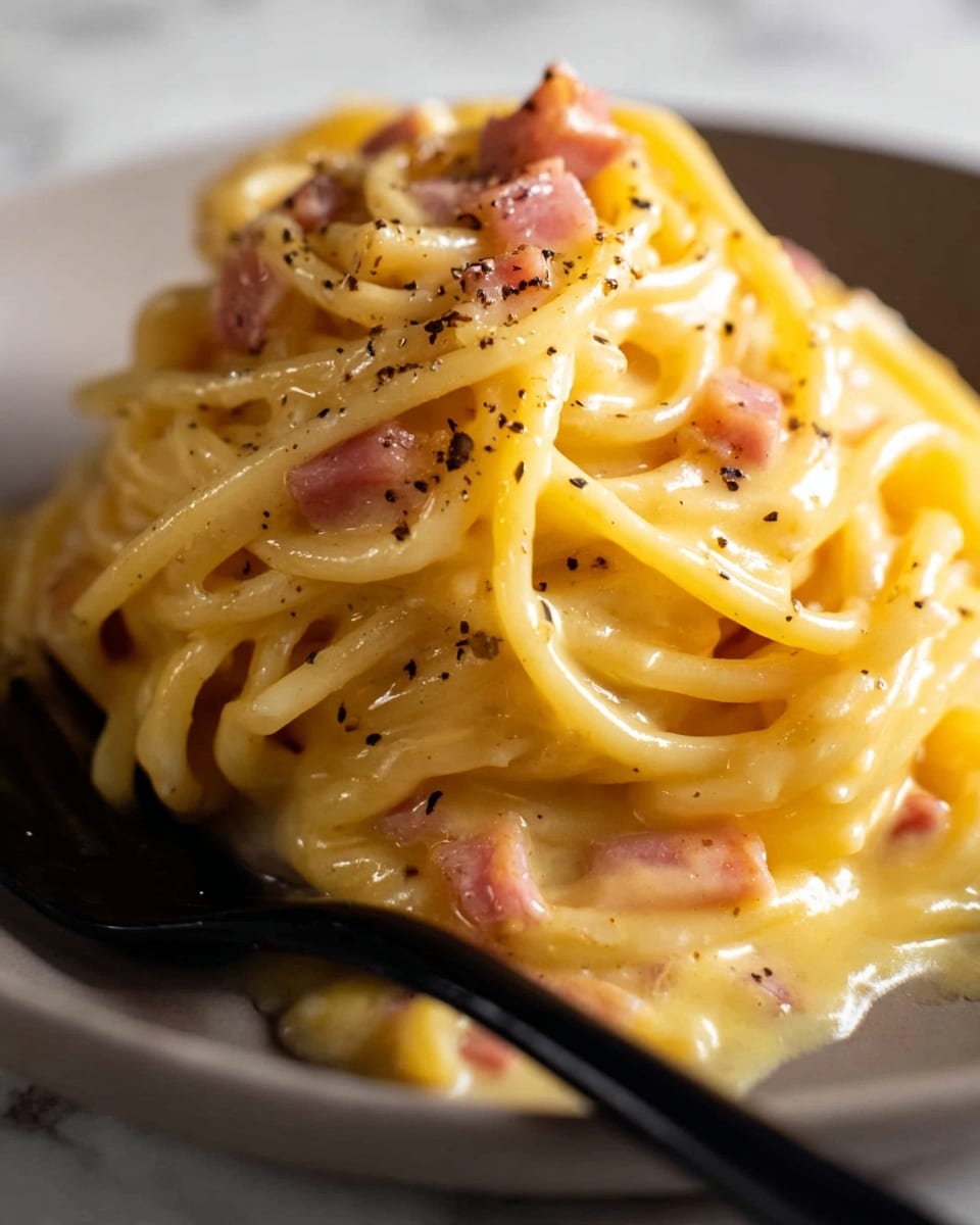 A close-up of a creamy spaghetti carbonara served in a white plate, showing a neat mound of thick yellow pasta noodles coated in a rich, glossy sauce. Small pieces of pinkish-brown cooked bacon are mixed well within the noodles, and black pepper specks are sprinkled on top. A black fork is seen resting under the pile of pasta. The background is a white marbled texture. Photo taken with an iphone --ar 4:5 --v 7