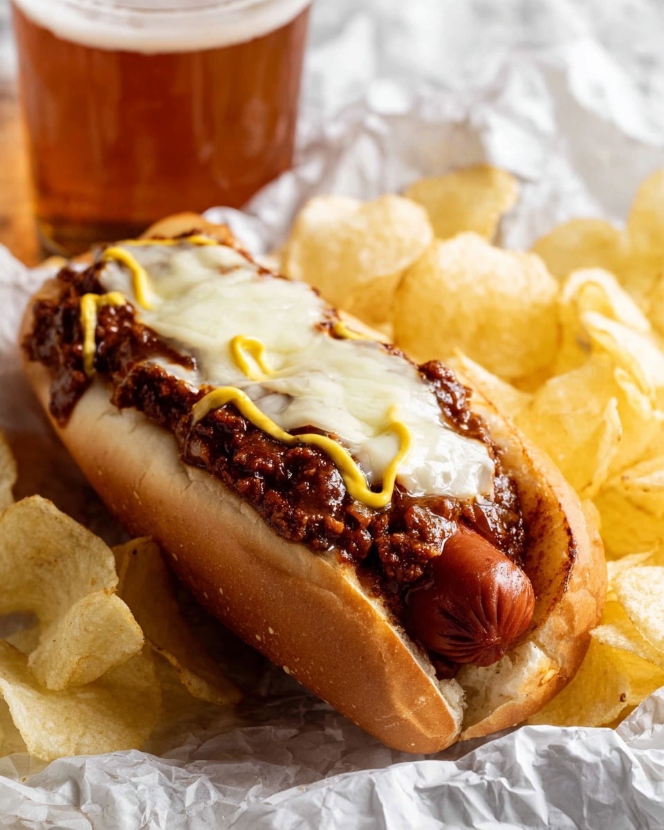 A hot dog topped with a thick layer of dark, chunky chili and a generous layer of melted white cheese sits in a soft bun. Yellow mustard is drizzled on the exposed part of the hot dog at the front. The hot dog is surrounded by many wavy, light golden potato chips placed on white crinkled paper. Behind the hot dog, there is a glass of foamy, amber beer visible. The surface is a white marbled texture. photo taken with an iphone --ar 4:5 --v 7