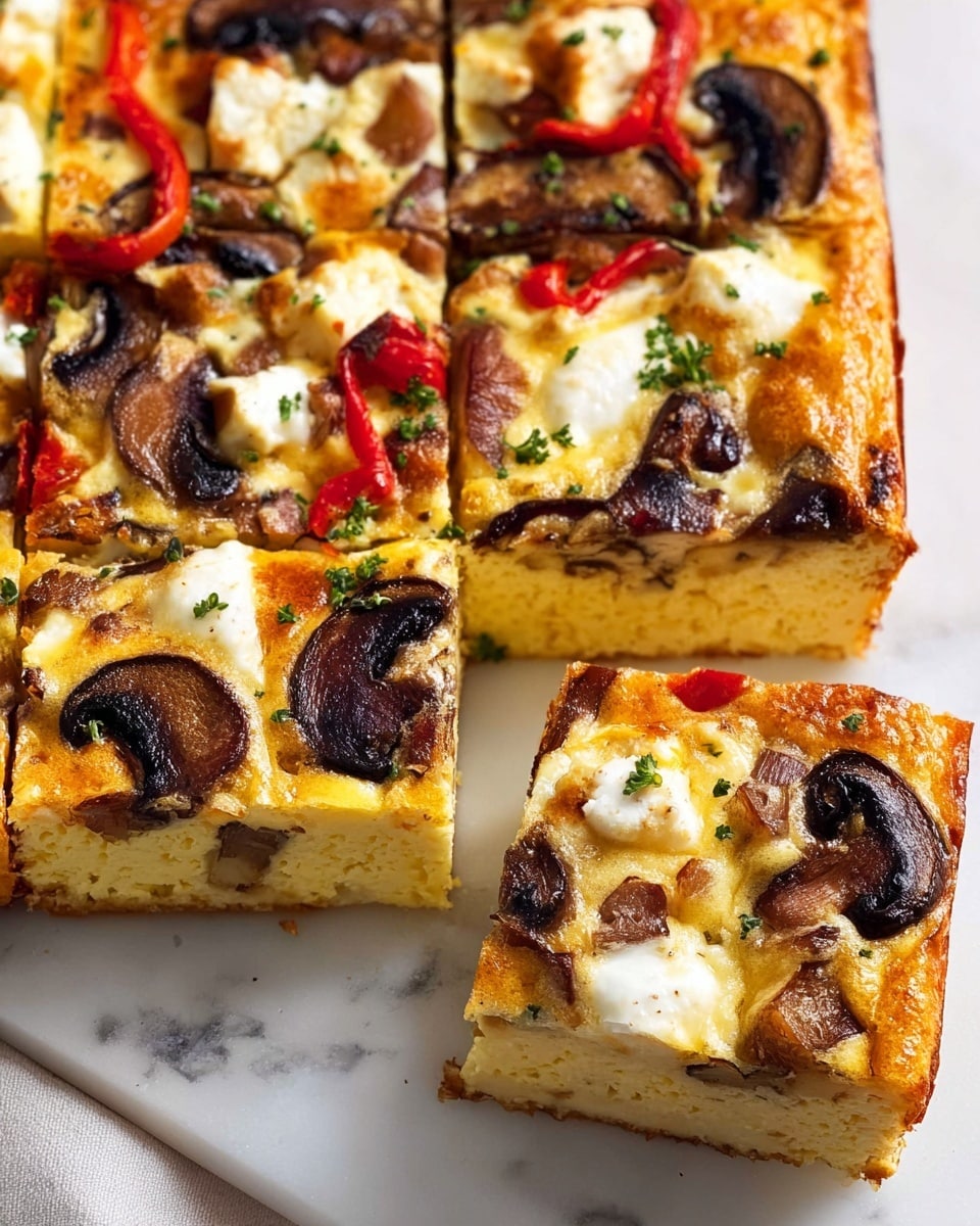 A square slice of baked dish cut into four smaller square pieces sits on a white marbled surface. The top layer is golden and cheesy with patches of white soft cheese and large dark brown grilled mushroom slices scattered evenly. There are also small chunks of light brown roasted vegetables and thin strips of bright red pepper. Green herbs are sprinkled lightly over the top for color. The base layer is golden brown and slightly crisped around the edges. Photo taken with an iphone --ar 4:5 --v 7
