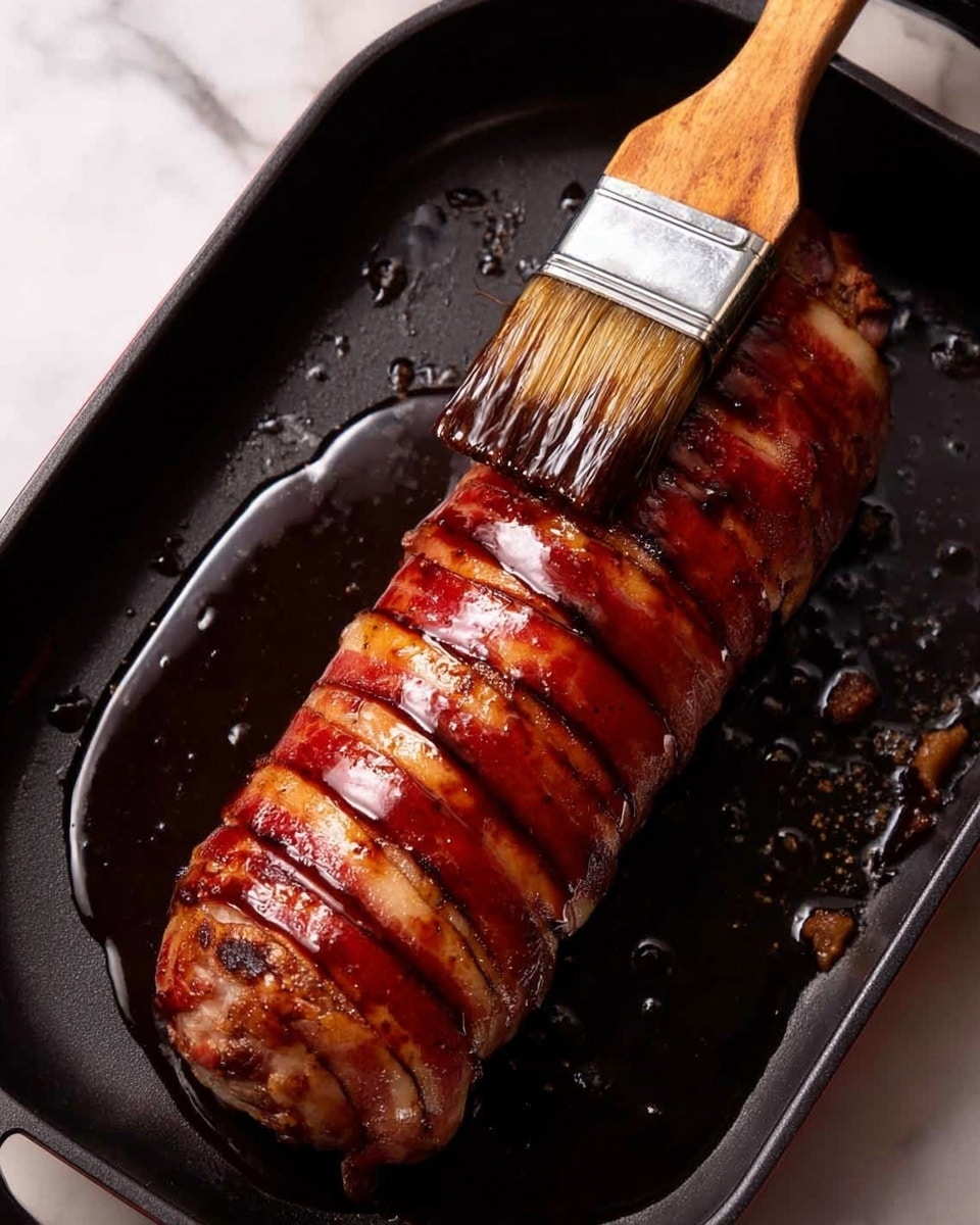 The image shows a cooked meat roll wrapped tightly with several slices of bacon, evenly layered and lined up from one end to the other, creating a ribbed texture. The bacon is glazed with a shiny reddish-brown sauce that reflects light, making the surface look sticky and rich. The meat roll sits in the center of a black skillet filled with shiny droplets of oil, emphasizing the fresh cooking process. To the side of the meat roll, a wooden-handled brush with dark bristles is partially dipped in the sauce, ready to apply more glaze to the meat. The skillet is placed on a white marbled surface that contrasts with the dark pan and vivid colors of the meat. photo taken with an iphone --ar 4:5 --v 7
