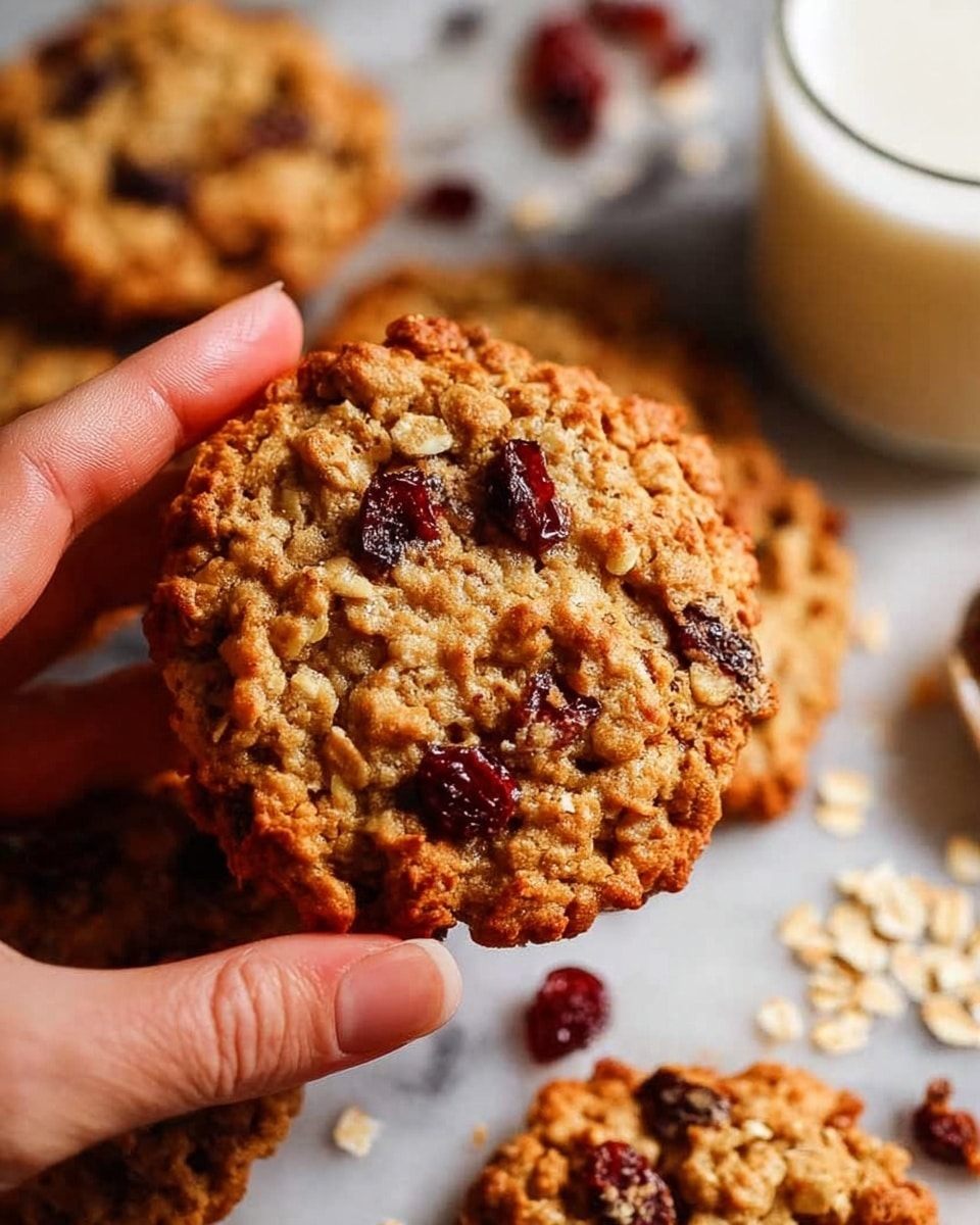A close-up shot of a golden brown oatmeal cookie with a rough texture, studded with dark red dried cranberries and darker raisins, held delicately by a woman's hand. Surrounding the main cookie are more cookies with a similar crumbly surface, all set on a white marbled surface scattered with loose oats and dried cranberries. In the top right corner, there is a blurry glass of white milk adding a soft contrast to the warm tones of the cookies. photo taken with an iphone --ar 4:5 --v 7