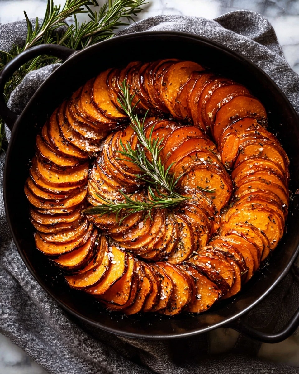 The dish shows two circular layers of thinly sliced sweet potatoes arranged tightly in a cast iron pan, each slice browned and slightly crispy on the edges with a warm orange color. The outer larger ring surrounds a smaller inner ring, both sprinkled lightly with coarse salt and small green herb bits. Two fresh green rosemary sprigs lay on top in the center, adding a fresh contrast. The pan rests on a soft gray cloth, all set against a white marbled surface. photo taken with an iphone --ar 4:5 --v 7