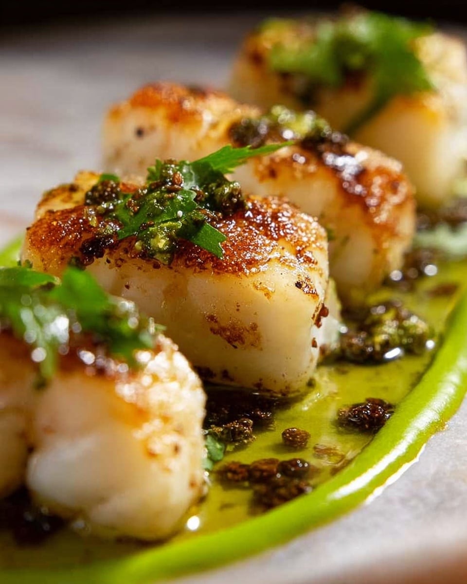 Four pieces of white fish with light golden sear marks are arranged in a row on a plate. Each piece is sprinkled with finely chopped green herbs and tiny red spices. Underneath the fish, there is a smooth, thick green sauce spread in a curving line. Small parsley leaves are scattered along the sides of the fish, adding more green color. The plate sits on a white marbled surface, and the lighting highlights the moist texture of the fish and the vibrant green of the sauce. photo taken with an iphone --ar 4:5 --v 7