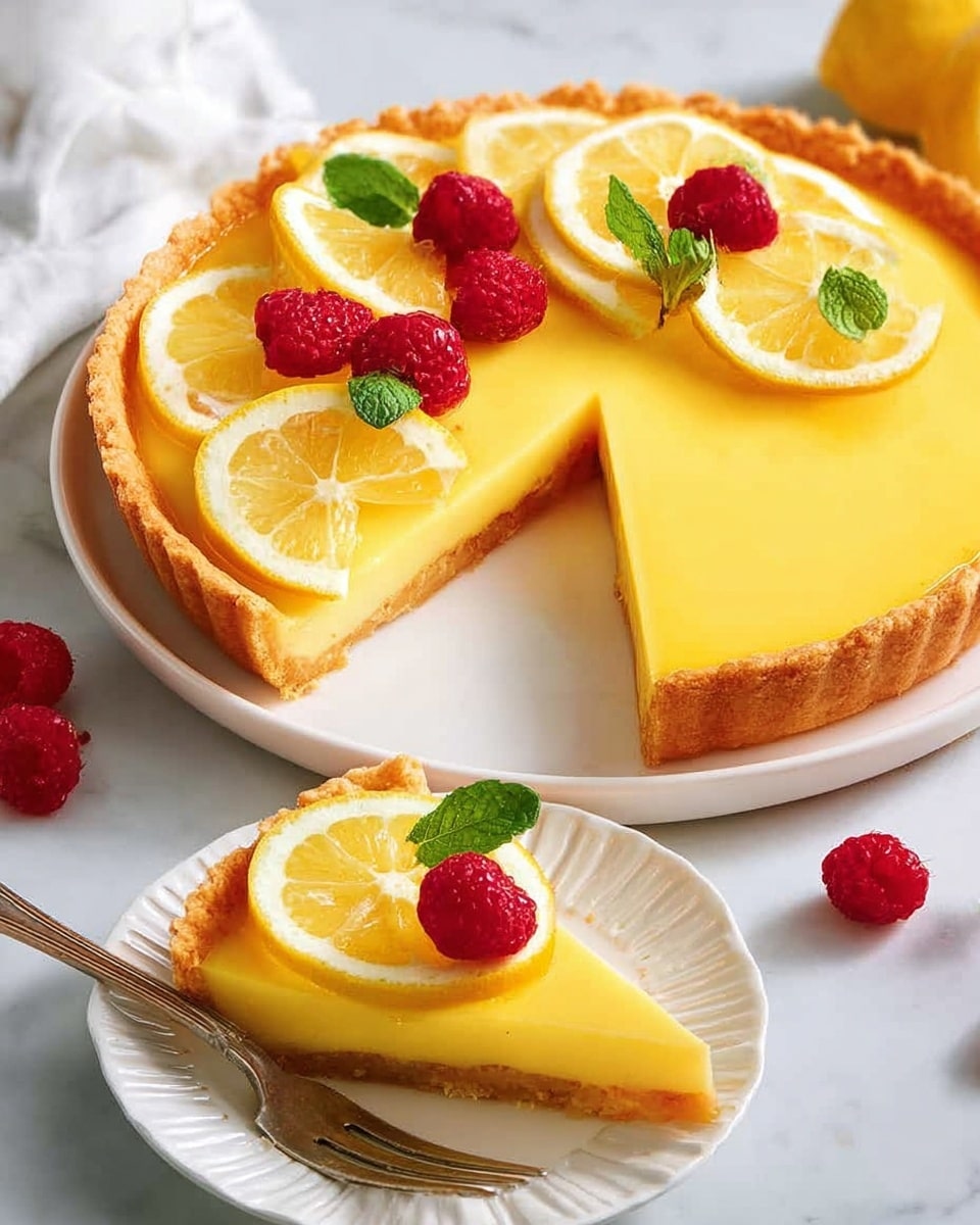 A lemon tart is shown with a golden-brown crust forming the base and sides. On top of the crust is a smooth, bright yellow lemon filling layer. One large slice is cut and placed on a white plate next to the tart, showing the clean edges of the filling and crust. The tart is decorated with thin, round lemon slices, fresh red raspberries, and small green mint leaves clustered on one side of the tart’s surface. The whole setup is on a white marbled surface, and a silver fork rests on the plate holding the slice. Photo taken with an iphone --ar 4:5 --v 7