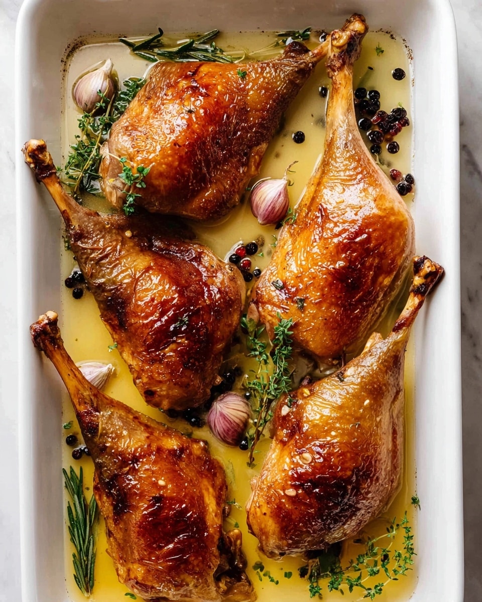 Four pieces of cooked duck legs with crispy, golden-brown skin are arranged in a white rectangular dish. The duck legs are partially submerged in a light yellow liquid, likely a cooking sauce or oil. Around the duck are several cloves of garlic with their white papery skins still on, dark star anise pods, small black peppercorns, coriander seeds, and fresh green herb sprigs, possibly thyme and rosemary. The overall look is rich and savory with a glossy texture on the duck skin and fresh herbs scattered naturally around. The dish sits on a white marbled surface. photo taken with an iphone --ar 4:5 --v 7