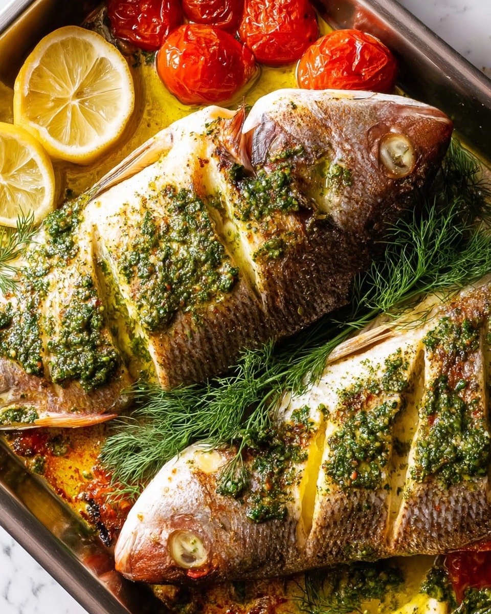 A dish showing two large pieces of cooked fish with a pinkish-brown skin and white flesh, placed side by side in a baking tray. The fish are topped with a textured green herb sauce and drizzled with a shiny yellow butter or oil. Around the fish, there are slices of bright yellow lemon, sprigs of fresh green dill, and two whole roasted tomatoes with shiny skin and green stems. The background is a white marbled texture. Photo taken with an iphone --ar 4:5 --v 7