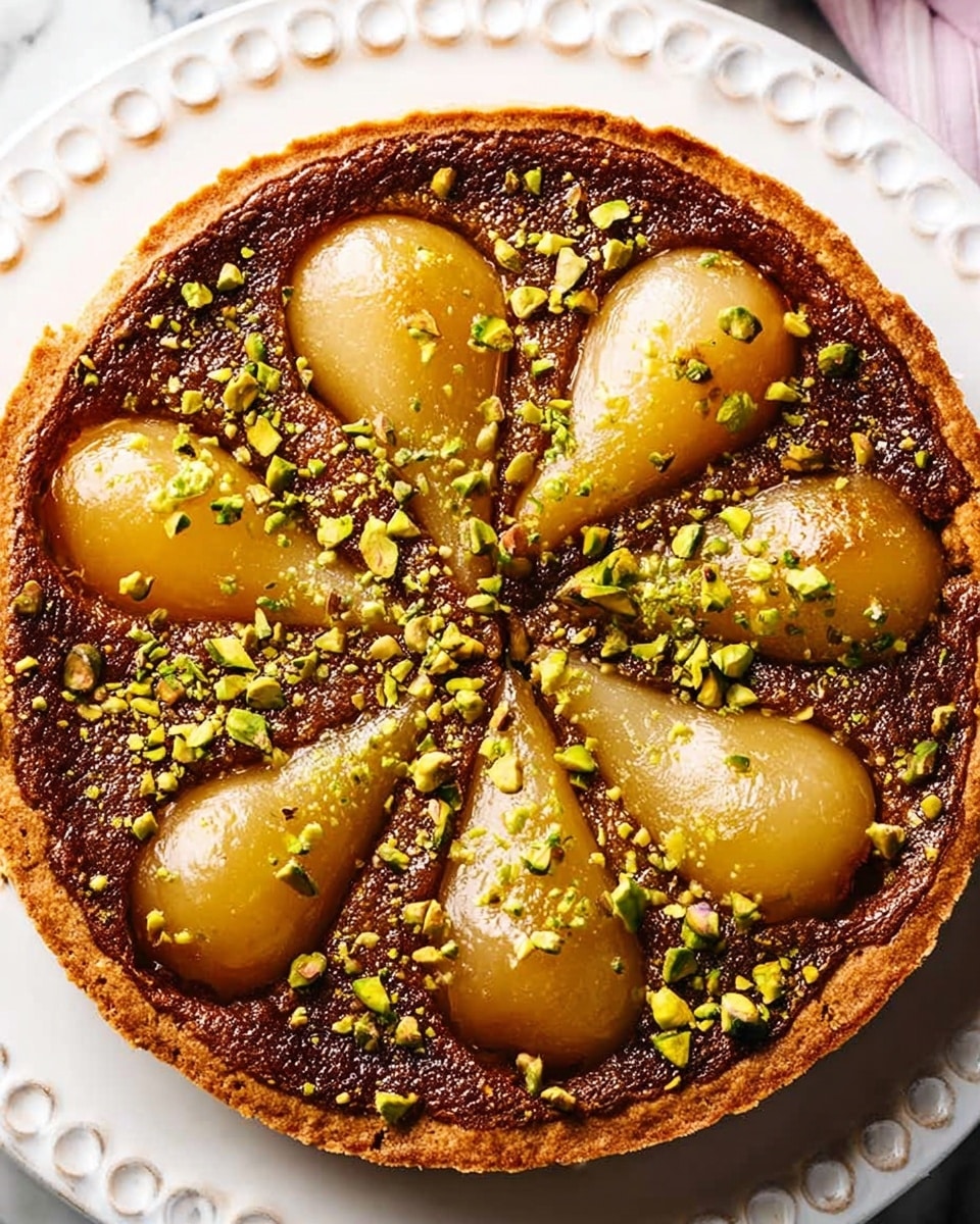 The image shows a round tart with a golden-brown crust and a smooth, slightly glossy filling with a warm brown color. Seven halves of yellow pears are evenly placed on the top of the tart, slightly sunken into the filling. Crushed green pistachios are lightly sprinkled over the entire tart, adding texture and small pops of bright green color. The tart rests on a white plate with a subtle dotted edge, set on a white marbled surface. photo taken with an iphone --ar 4:5 --v 7