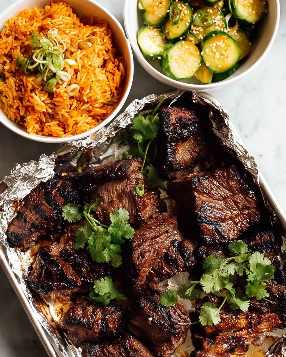 The image shows a white tray lined with foil holding several pieces of dark, grilled meat with a charred texture, some with visible bone. The meat is rich brown with black grill marks and is garnished with fresh green cilantro leaves scattered around. In the top left corner, a small white bowl contains chopped cucumber and green chili peppers with a light sauce. At the bottom left, a round bowl filled with orange shredded vegetables, likely carrots, topped with sesame seeds and chopped green onions, sits partially on the tray. The background is a white marbled texture. Photo taken with an iphone --ar 4:5 --v 7